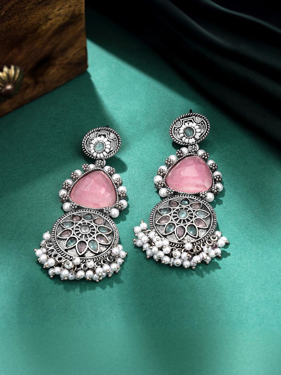 Buy Yellow Chimes Pink Silver Plated Oxidised Stone Studded & Beaded Contemporary Drop Earrings -  - Accessories for Unisex
