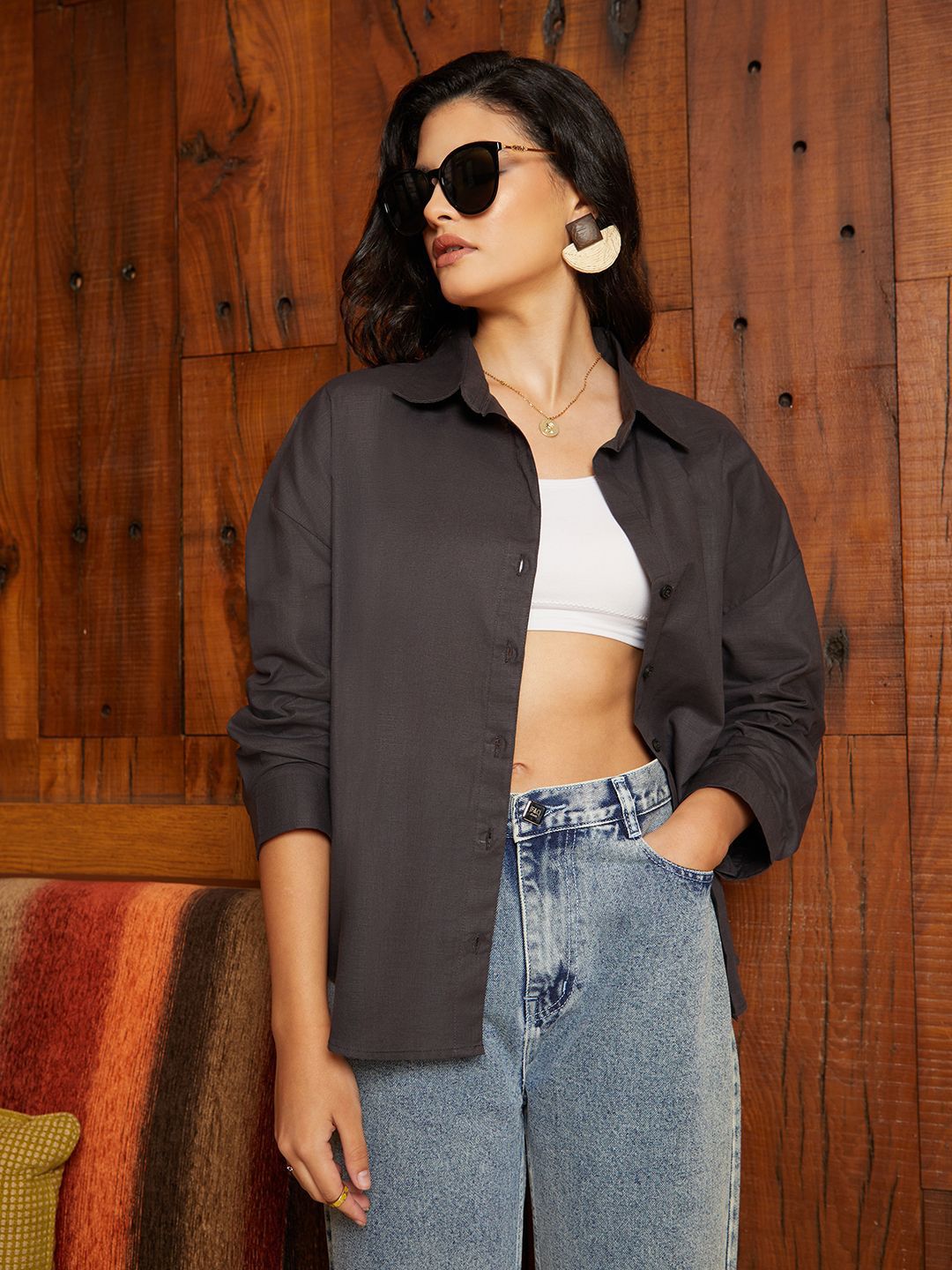 PINACOLADA Women Comfort Spread Collar Solid Cotton Oversized Casual Shirt