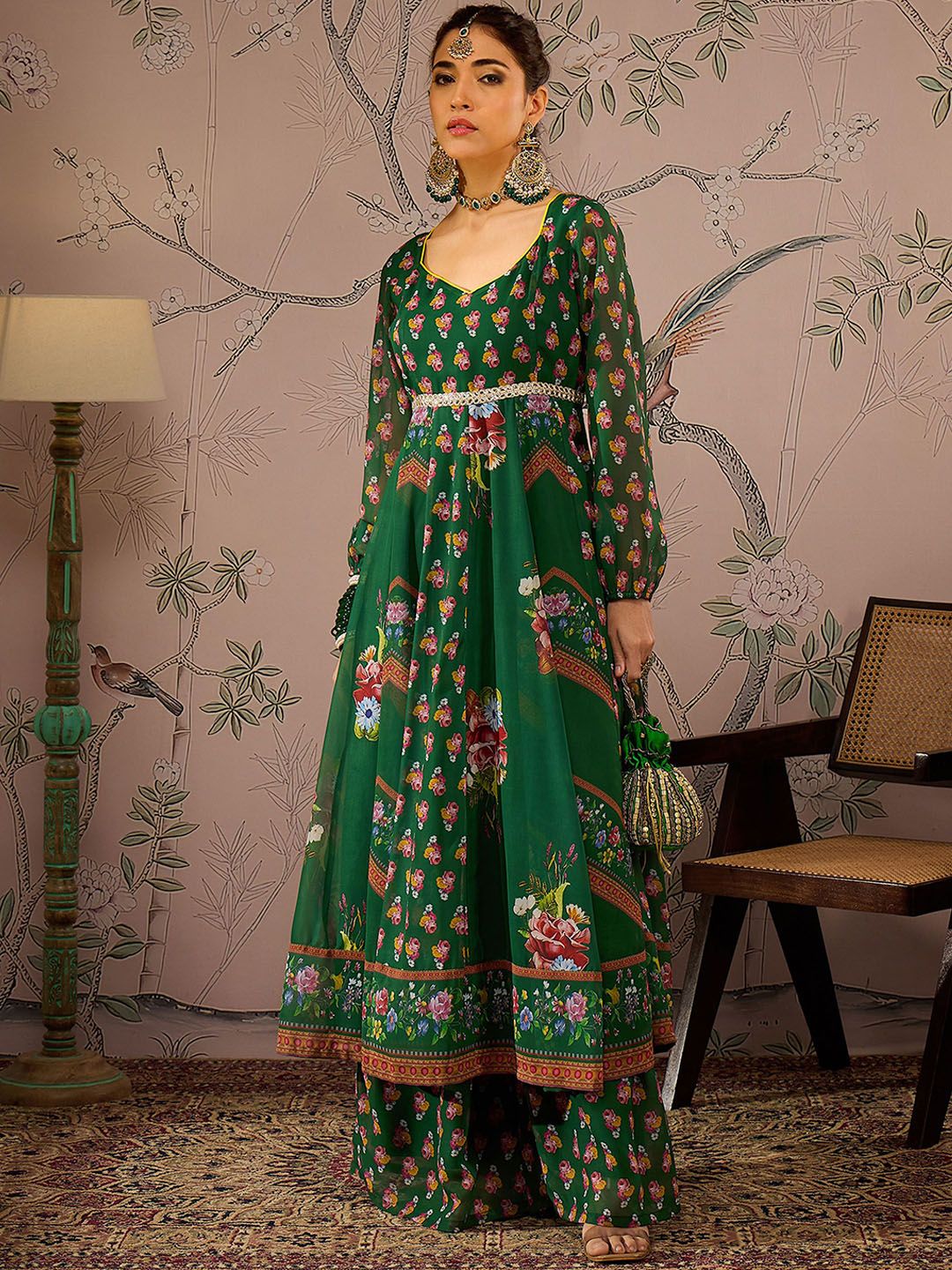 Shae by SASSAFRAS Floral Printed Sweetheart Neck Mirror Work Anarkali Kurta With Trousers