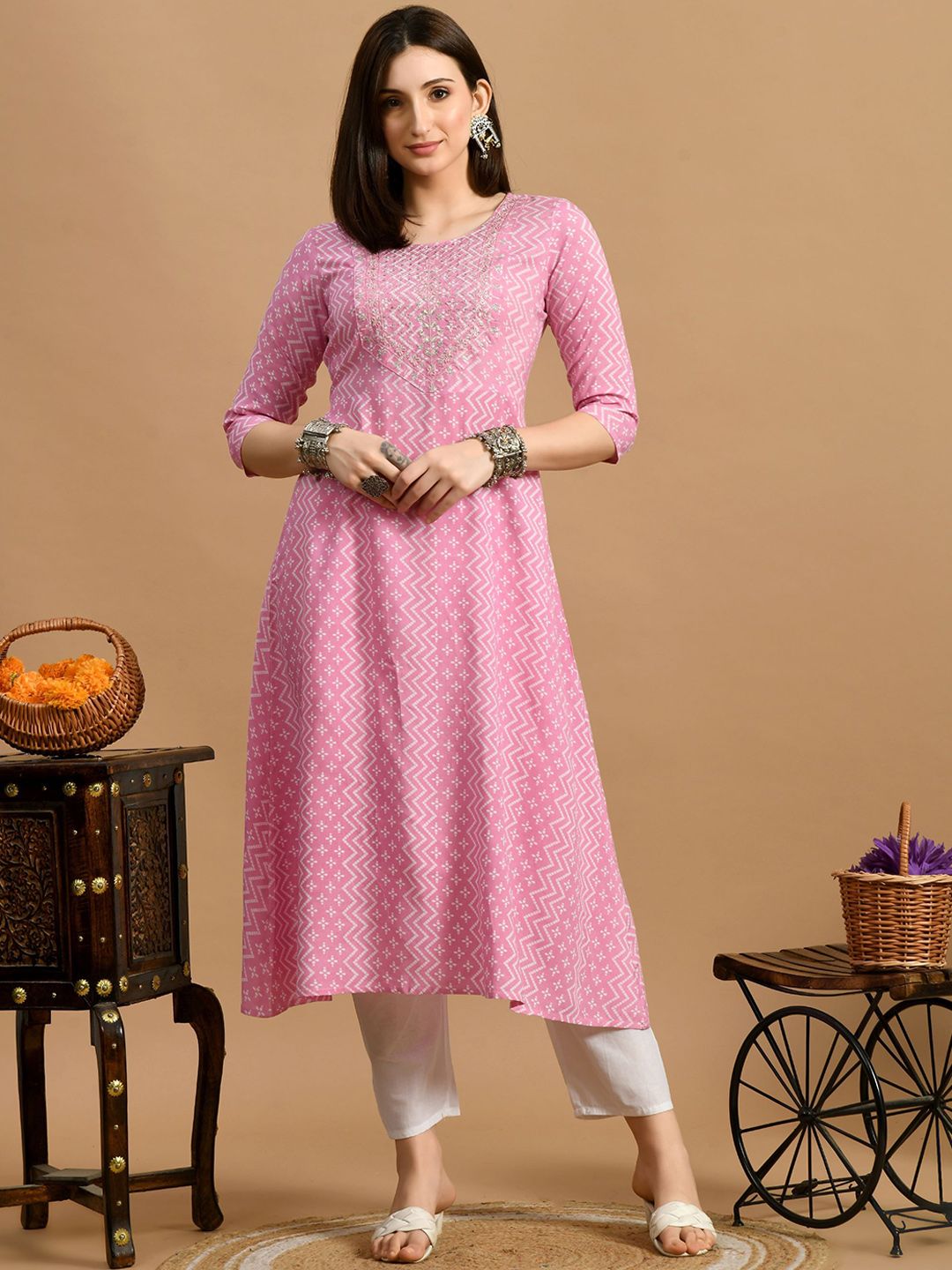 METAFAB Chevron Printed Round Neck Three-Quarter Sleeves Thread Work A-Line Kurta