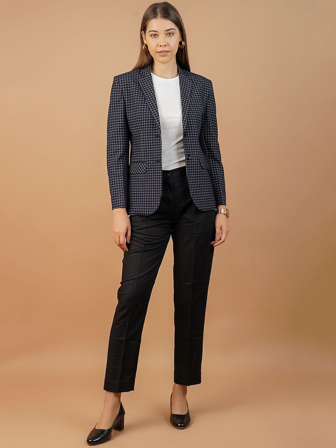 INDOPHILIA Checked Notched Lapel Collar Single Breasted Pure Cotton Blazers