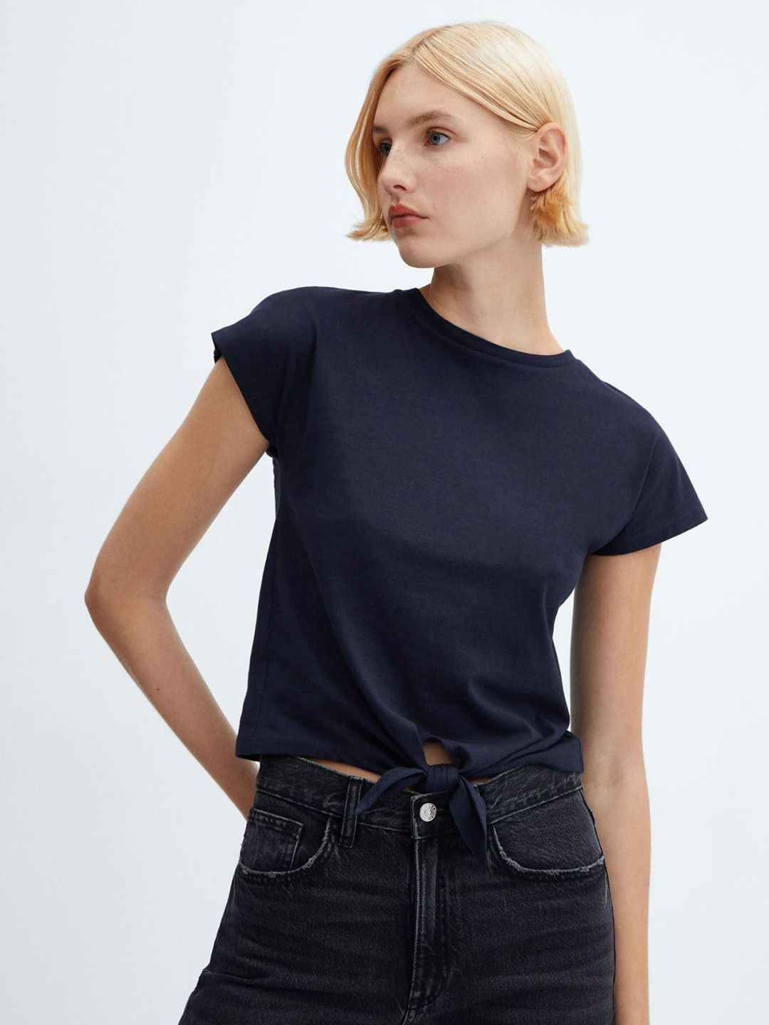 MANGO Tie Up Waist Extended Sleeves Pure Cotton T-shirt