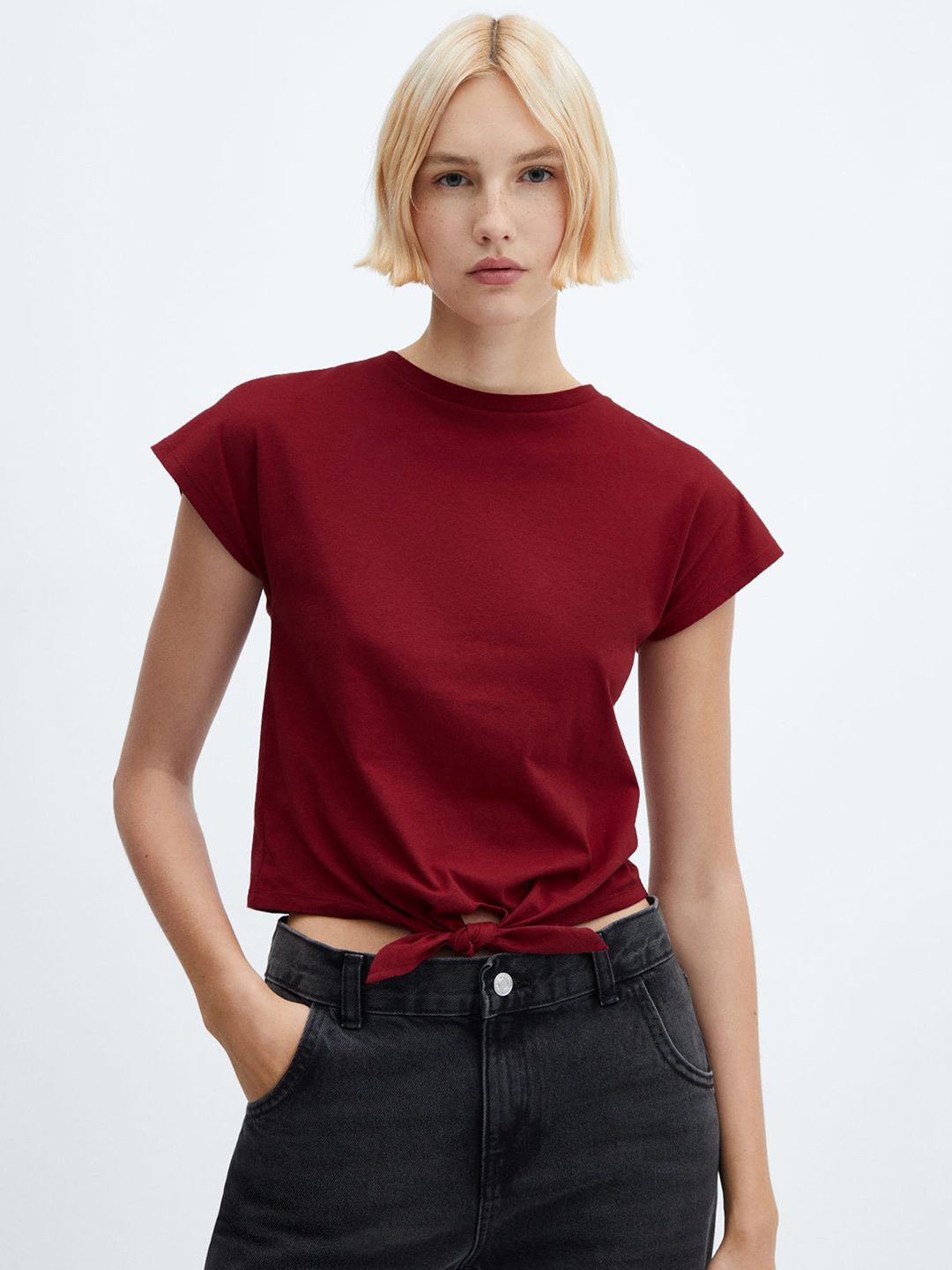 MANGO Tie Up Waist Extended Sleeves Pure Cotton T-shirt