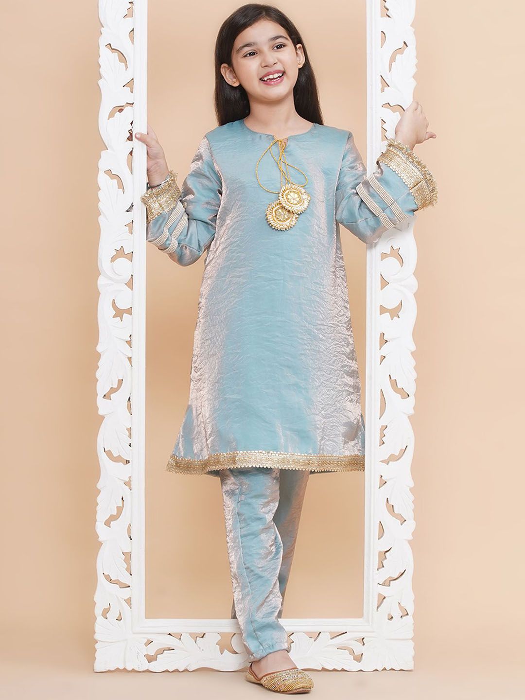 PICCOLO Girls Gotta Patti Keyhole Neck A Line Kurta with Trousers