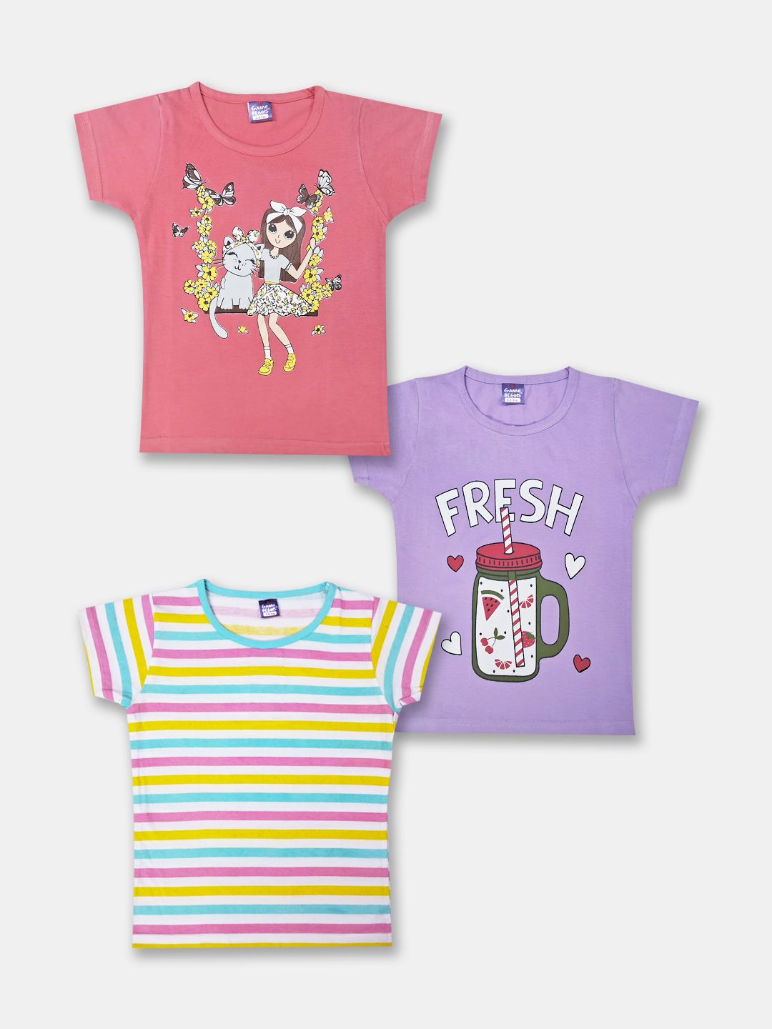 Here&Now X Game Begins Girls Pack of 3 Printed Pure Cotton T-shirts