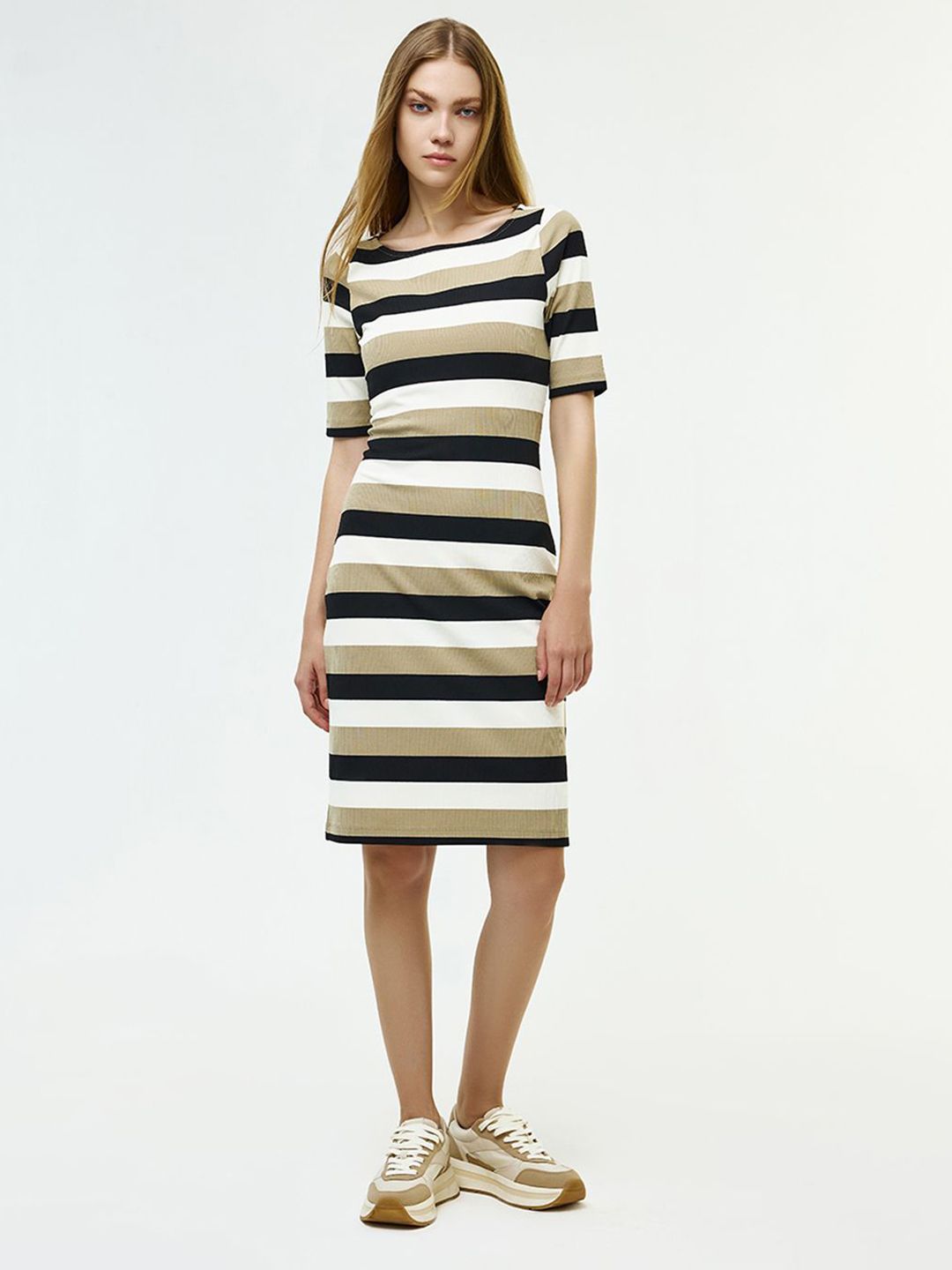 COVER STORY Striped Bodycon Midi Dress