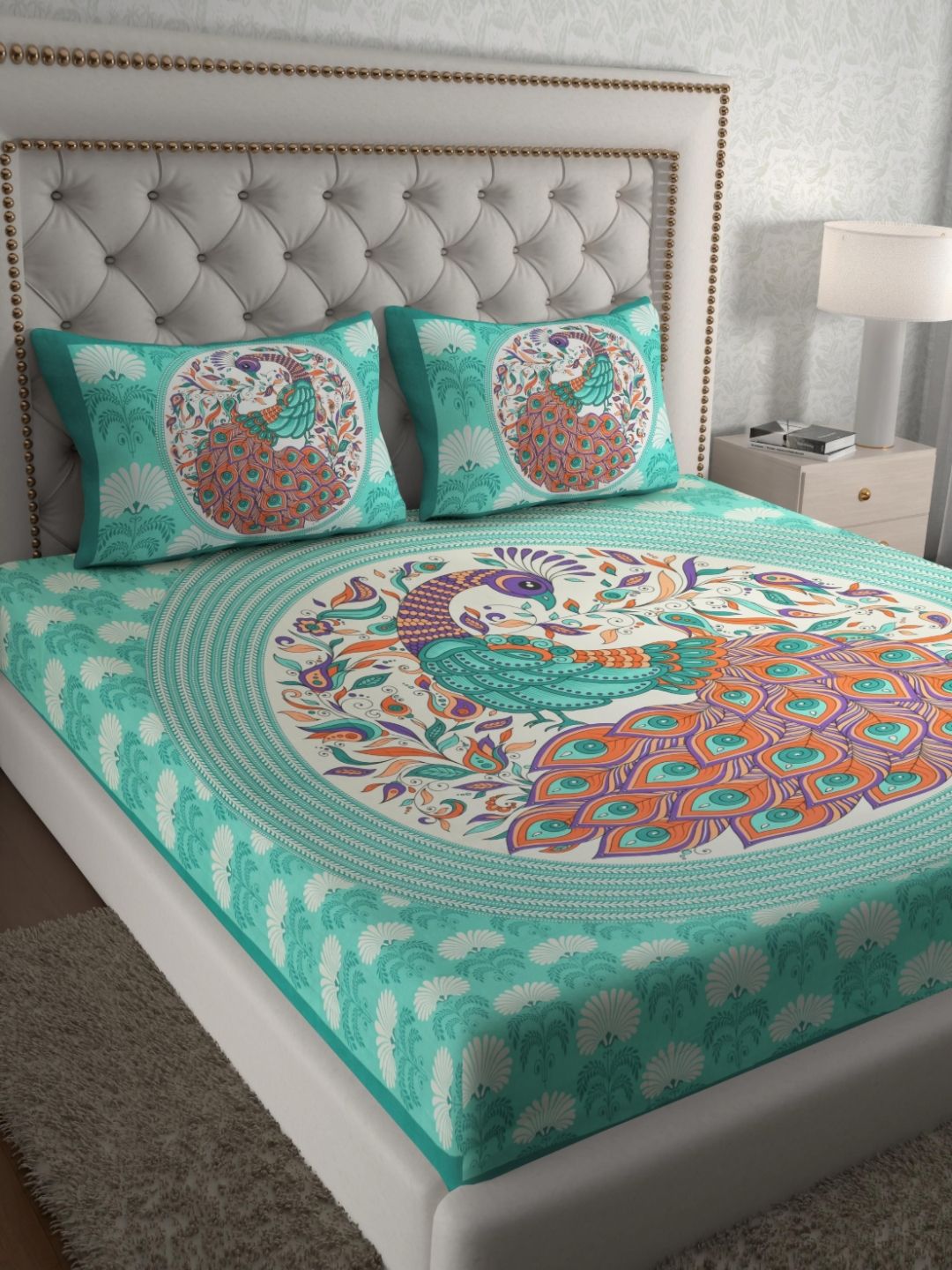 Buy Aura Turquoise Blue Ethnic Motifs Cotton 120 TC Queen Bedsheet With 2 Pillow Covers 235 X 215 Cm -  - Home for Unisex