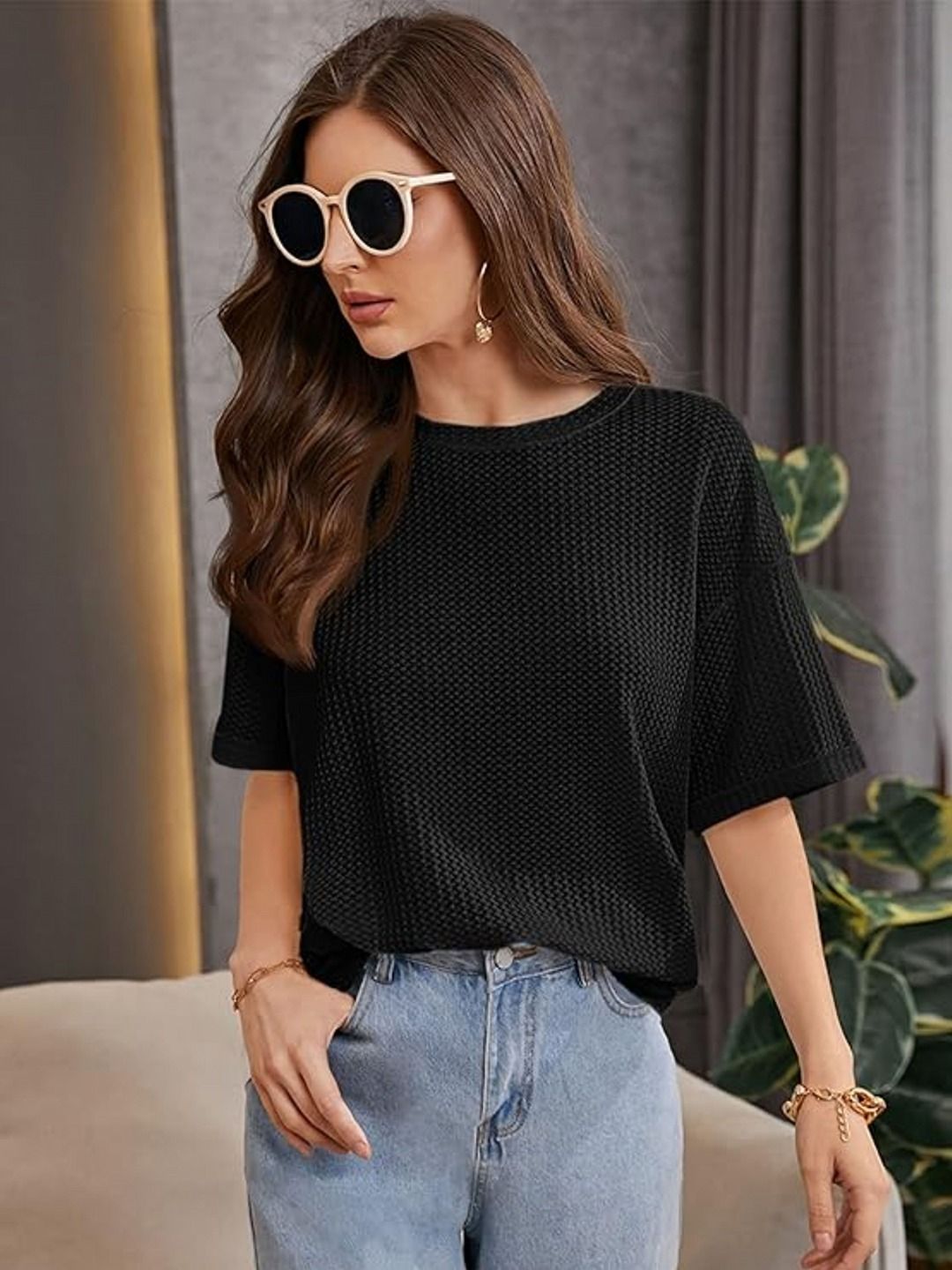Fashion2wear Women Self Design Round Neck Cotton Oversized T-shirt
