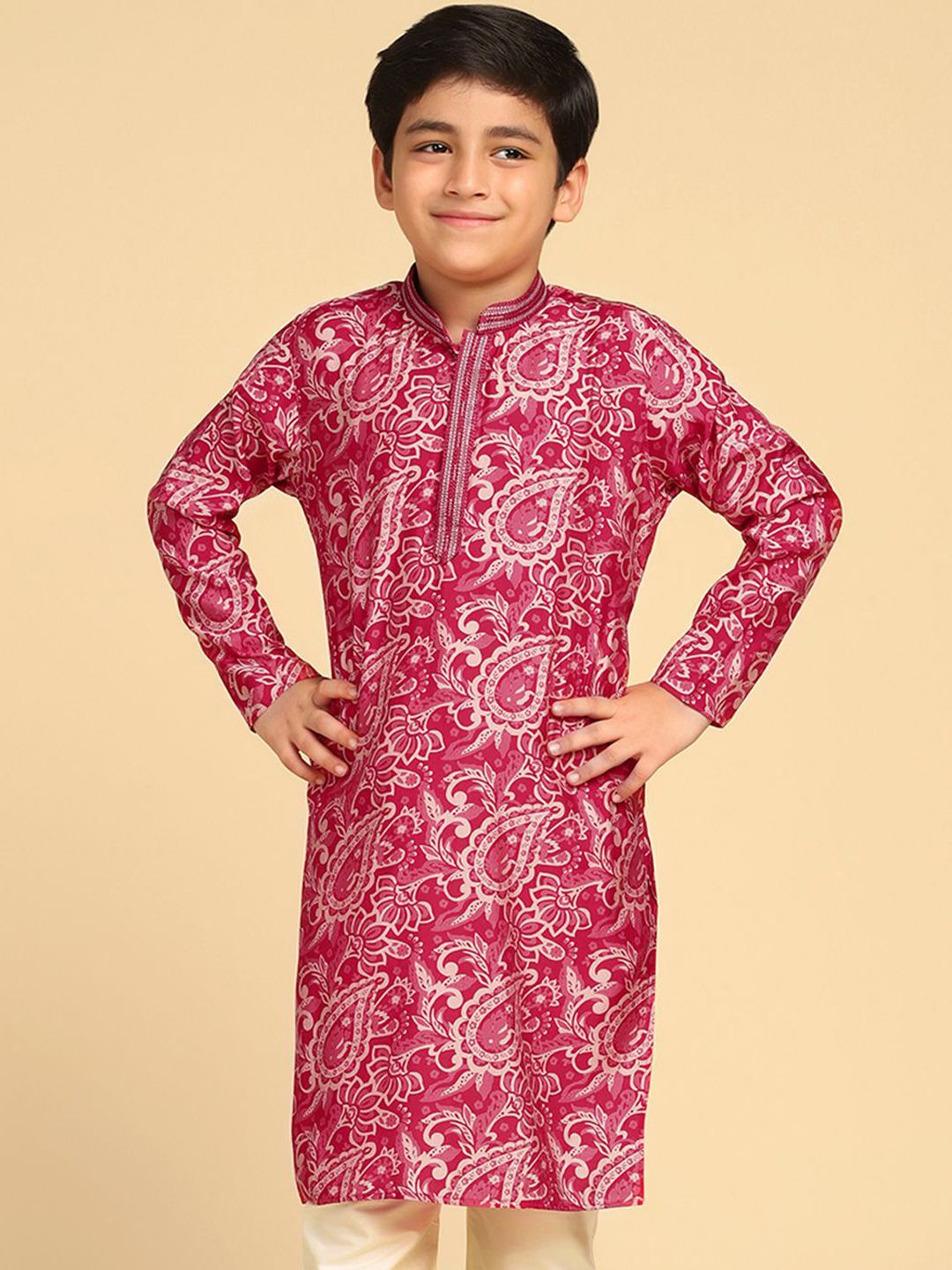 KISAH Boys Pink Paisley Printed Mandarin Collar Neck Long Sleeves Cotton Blend Straight Kurta