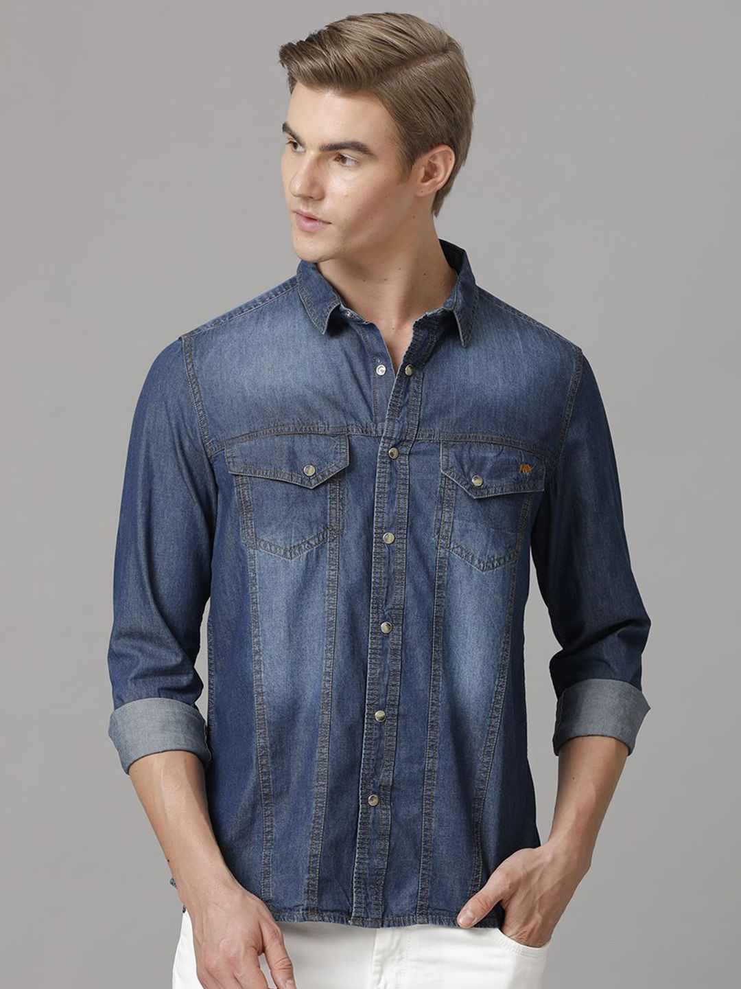 TEMPLE OF DENIM Men India Slim Spread Collar Solid Denim Casual Shirt