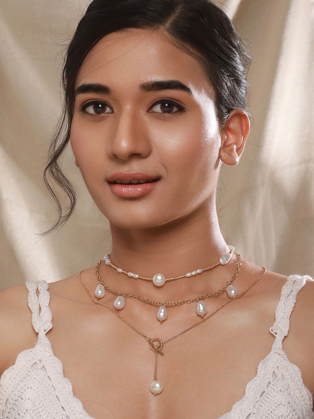 Jazz and Sizzle Brass Gold-Plated Pearl Beaded Layered Necklace