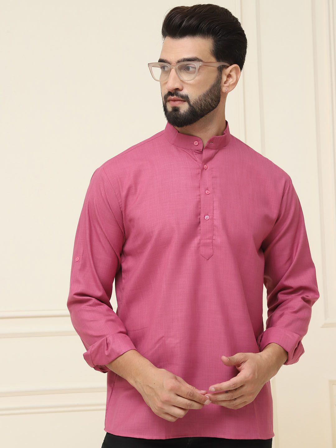 SOJANYA Band Collar Neck Long Roll-Up Sleeves Pure Cotton Straight Kurta