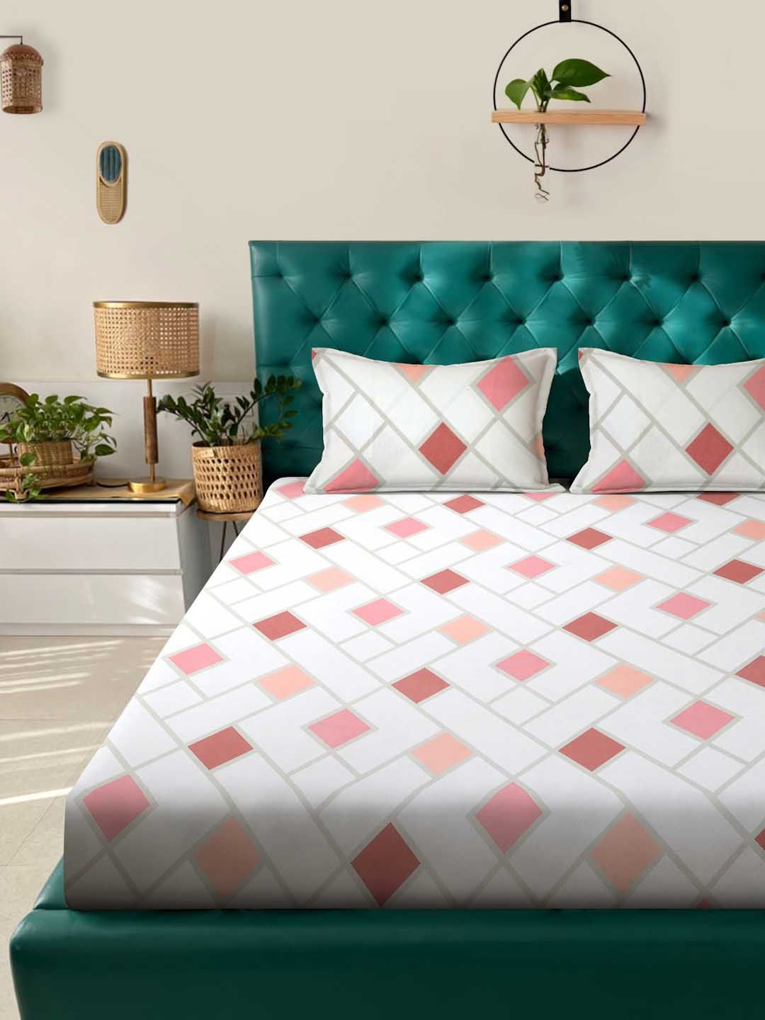 ROSARA HOME Ziva Pink Geometric Pure Cotton 144 TC King Bedsheet with 2 Pillow Covers-108 x 108 inches