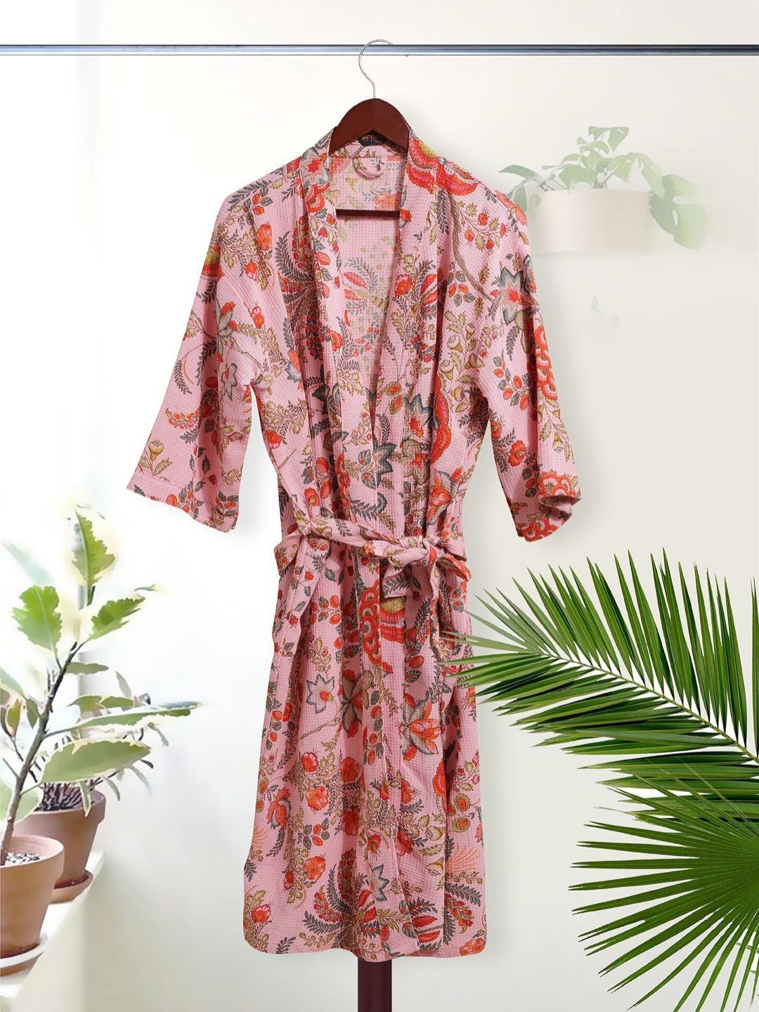 HotGown Waffle Pink Floral Cotton Drawstring Midi Bath Robe