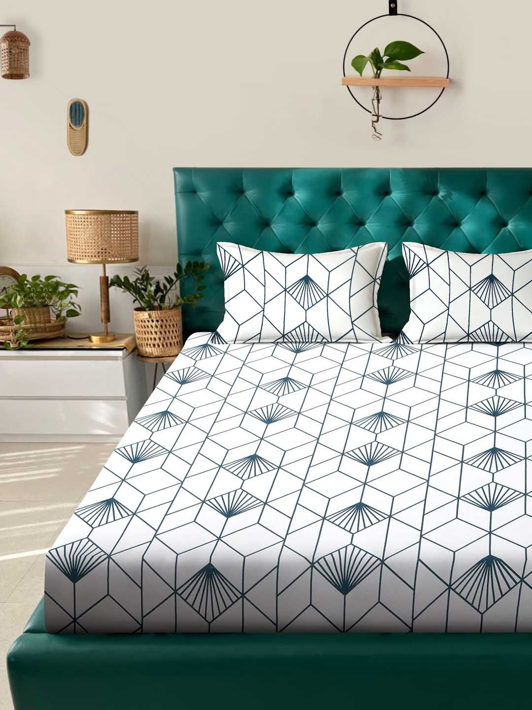 ROSARA HOME Fitted_Teen_Sbs Navy Blue Geometric Pure Cotton 144 TC Fitted Queen Bedsheet with 2 Pillow Covers-254 x 225 cm