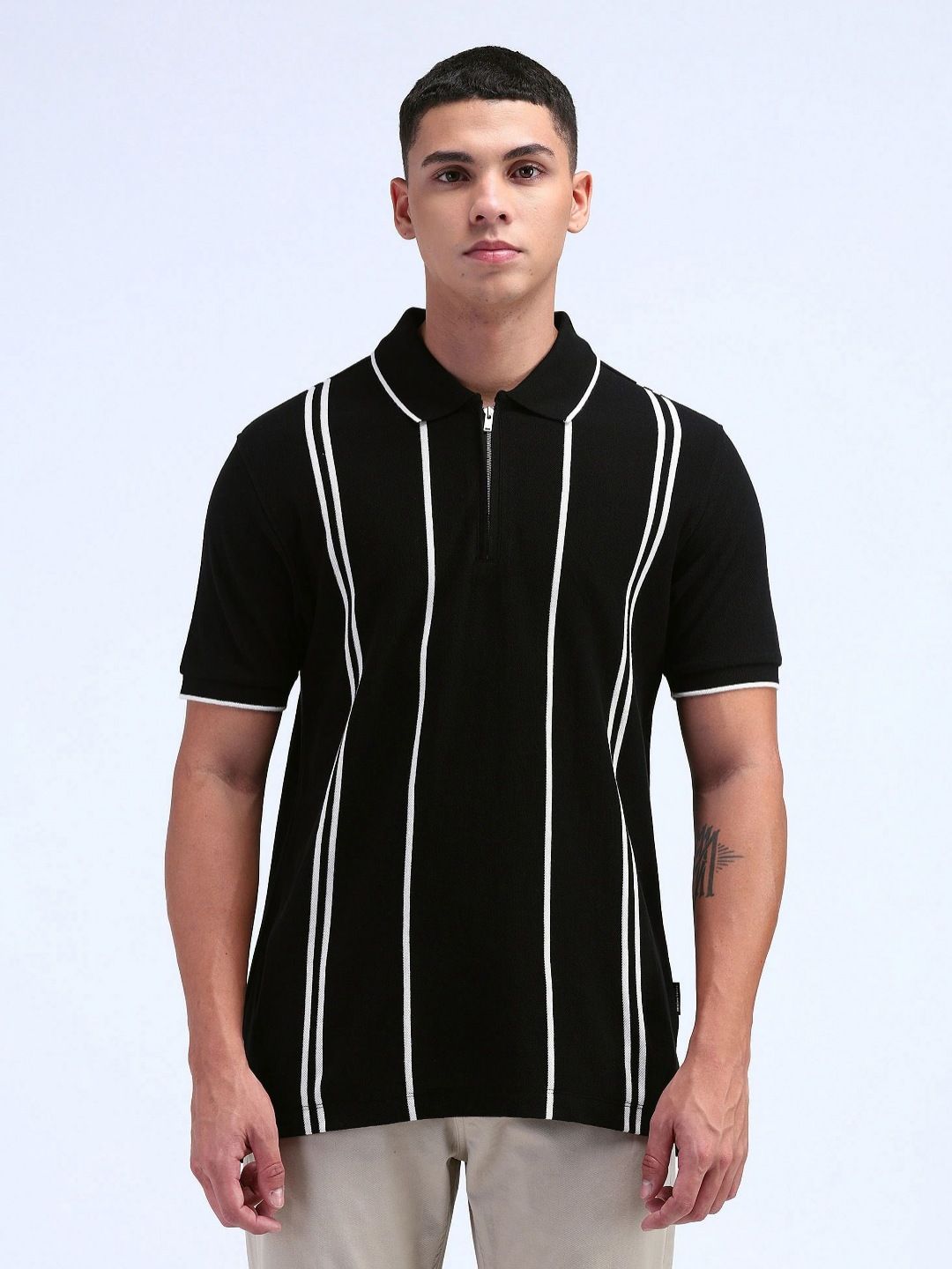 Flying Machine Men Varsity Striped Polo Collar T-shirt