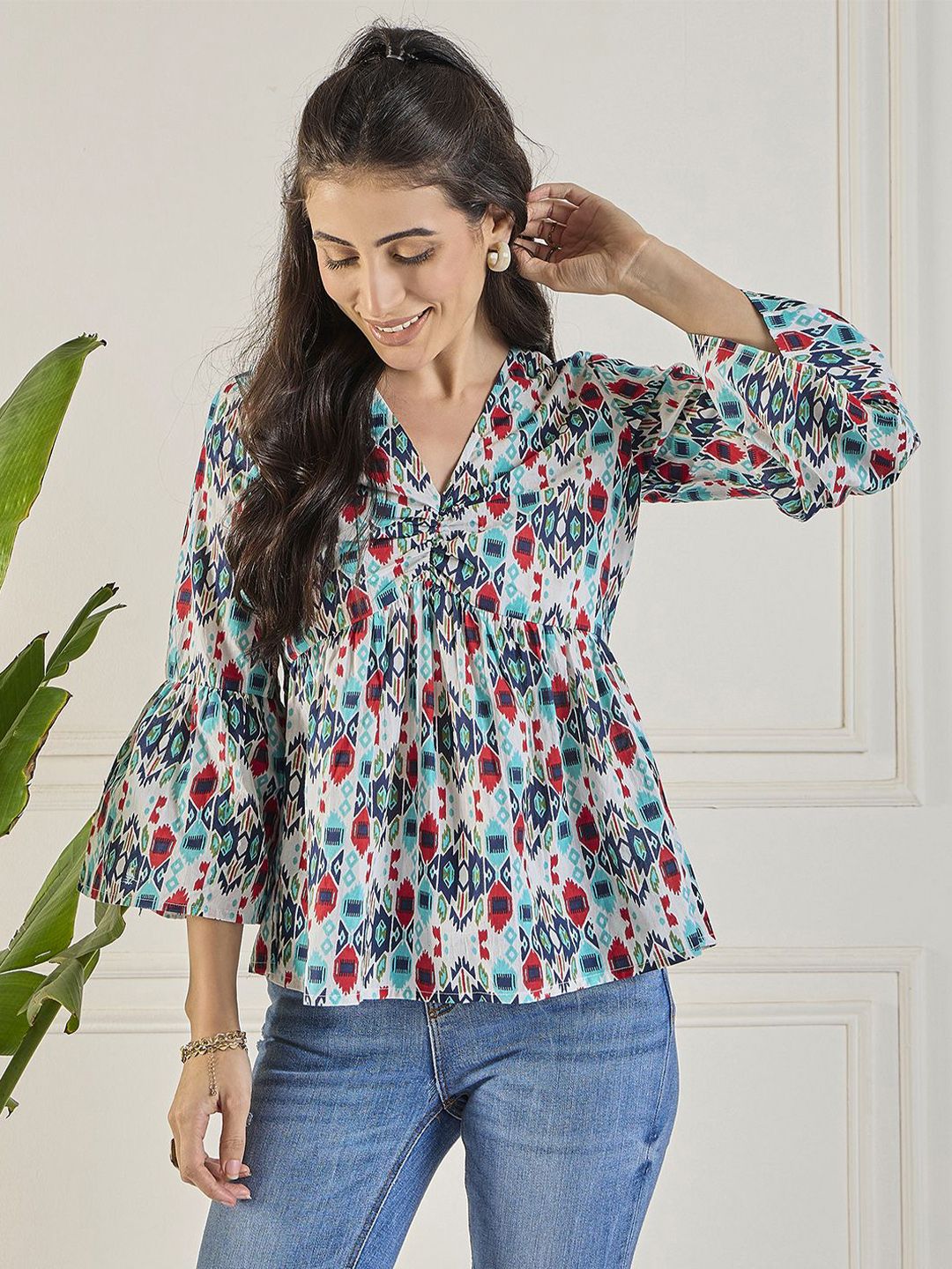 WineRed Women Abstract Printed V-Neck Cotton Top