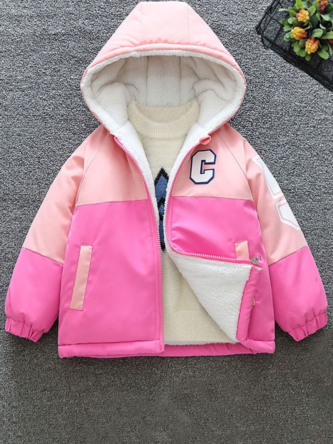 INCLUD Girls Pink Colourblocked Hooded Open Front Fleece Jacket