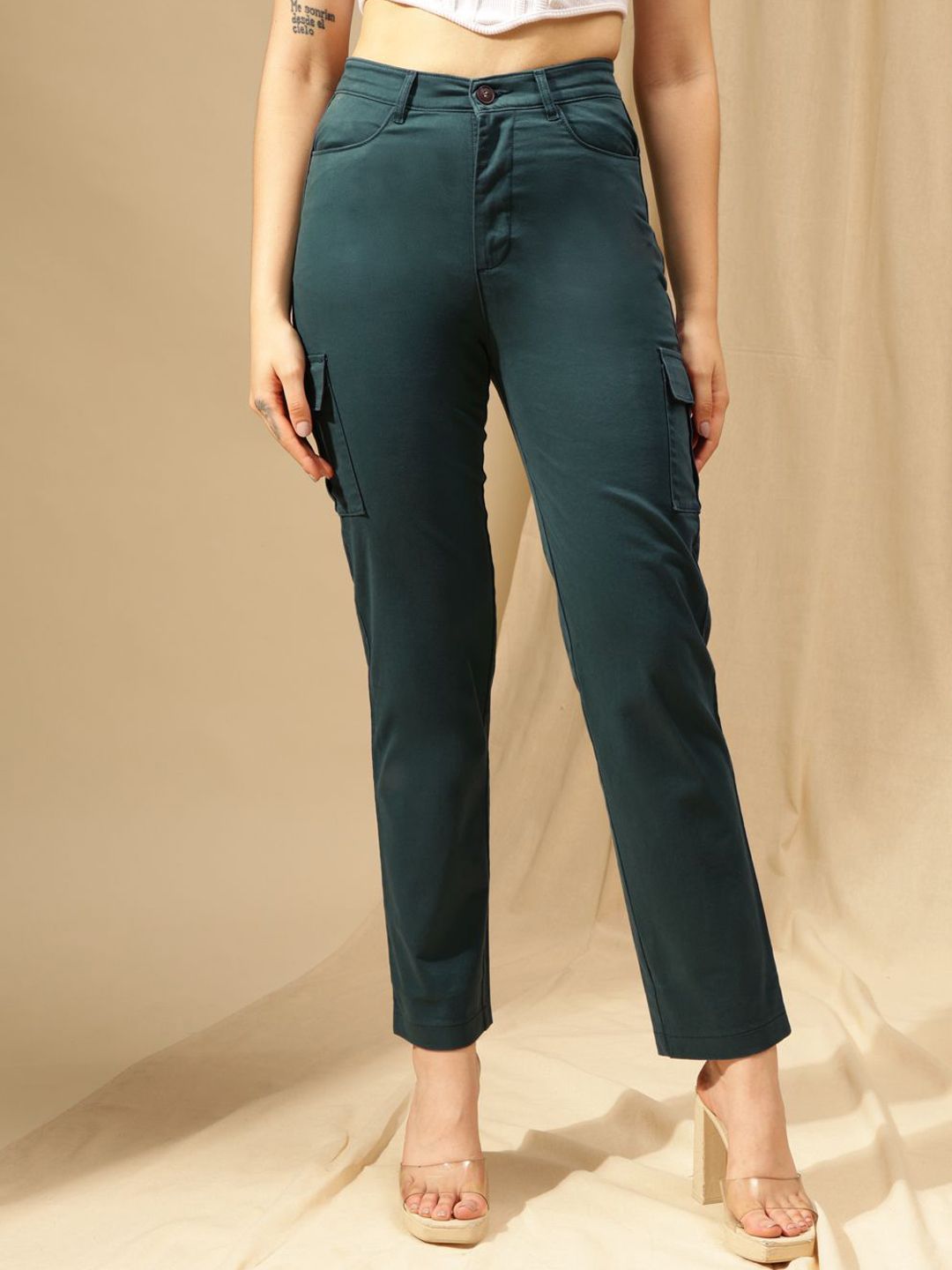 Xpose Women Comfort Straight Fit High-Rise Pleated Cargos Trousers