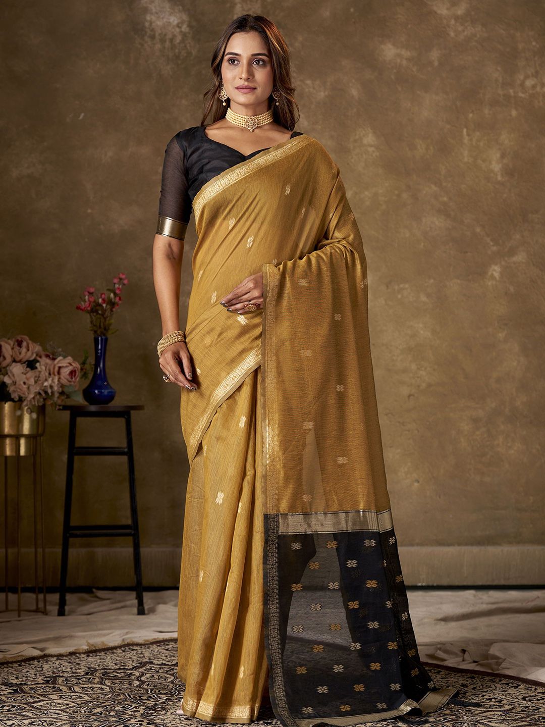 KAYOMMI Woven Design Ethnic Motifs Pure Cotton Banarasi Saree