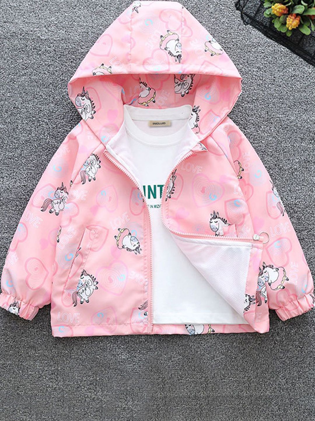 INCLUD Girls Pink Animal Printed Hooded Front Open Casual Jacket