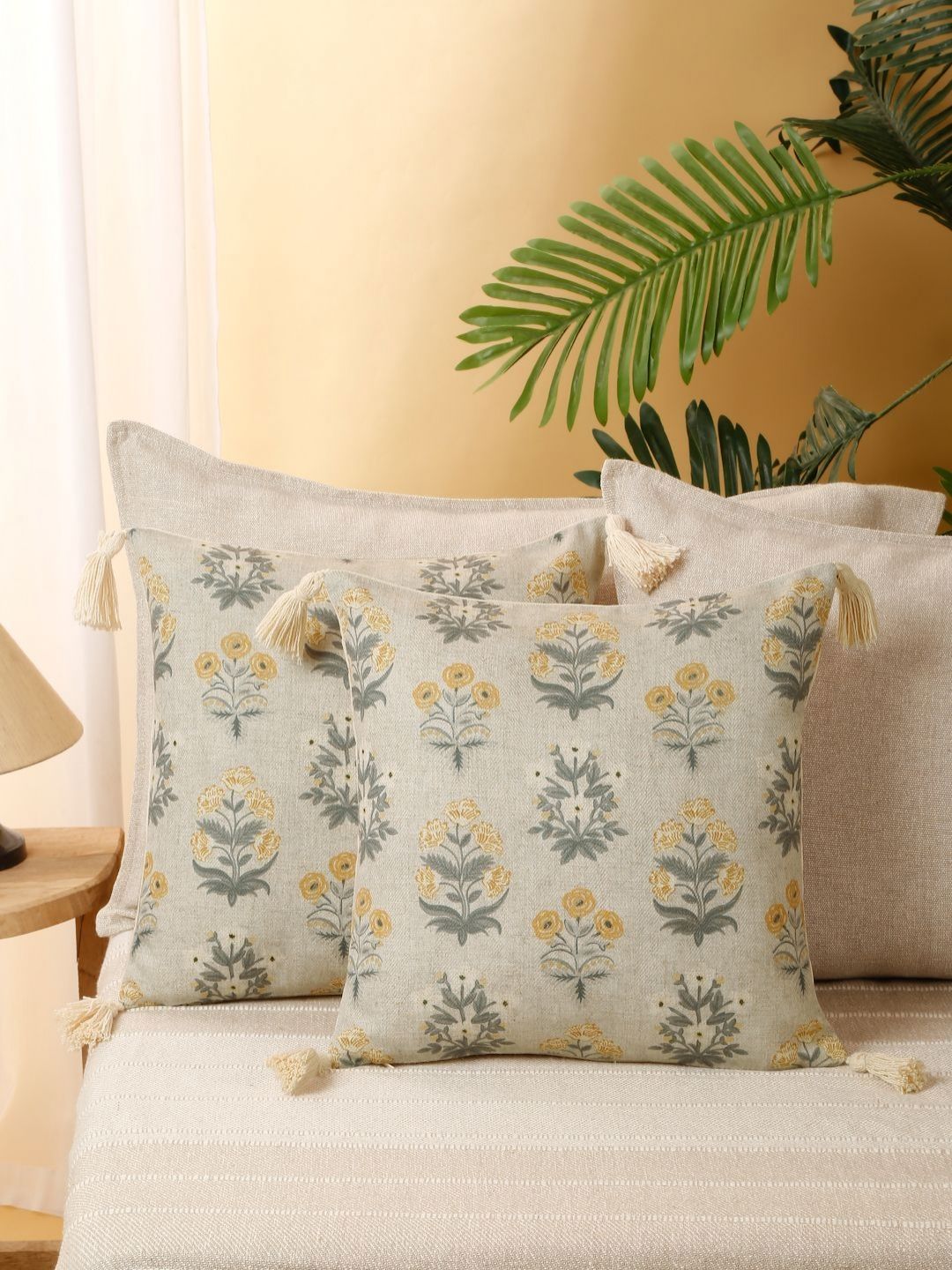 eyda Grey & Beige 2 Pieces Floral Printed Cushion Covers