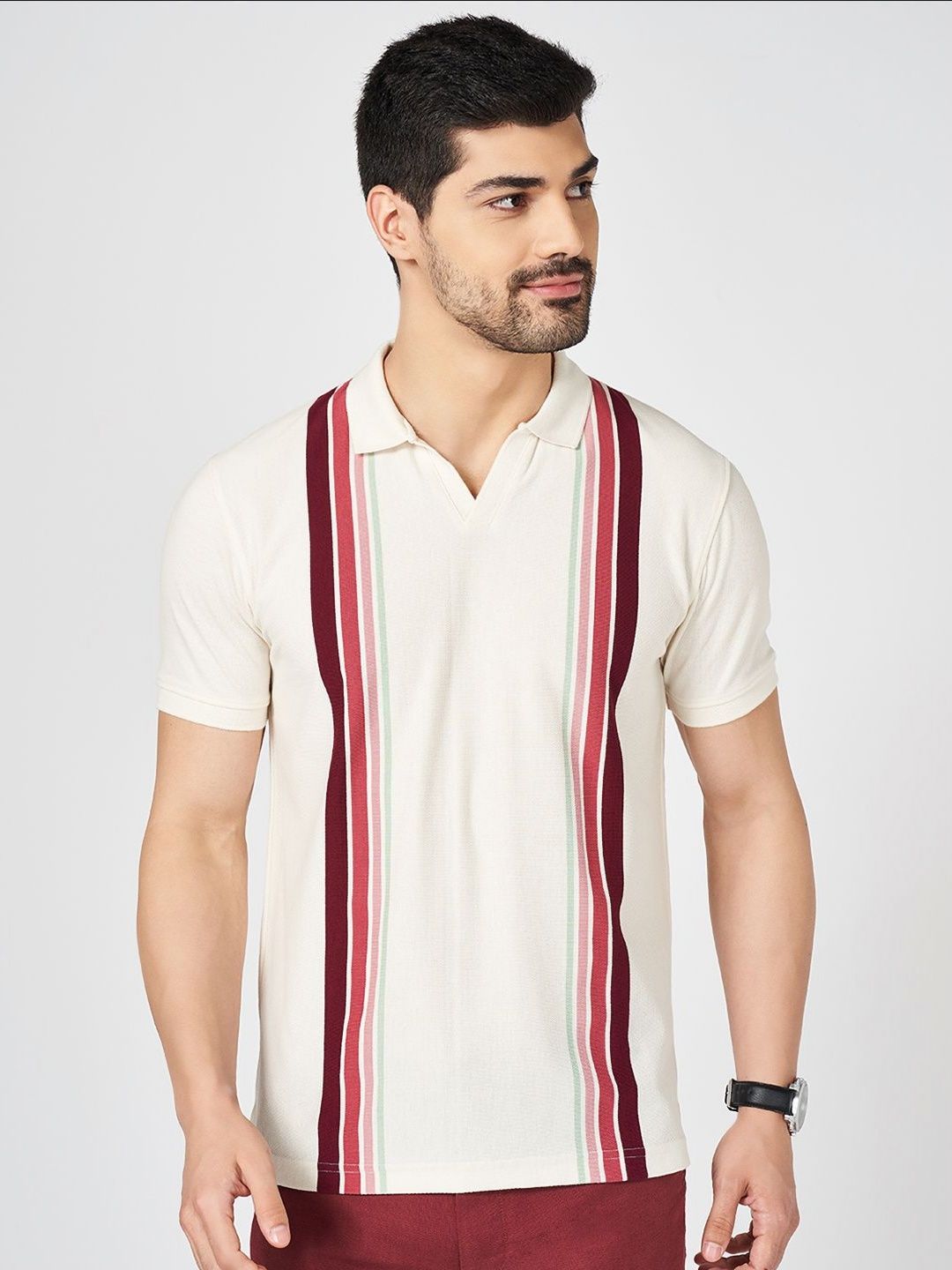 BYFORD by Pantaloons Men Striped Polo Collar Cotton Slim Fit T-shirt
