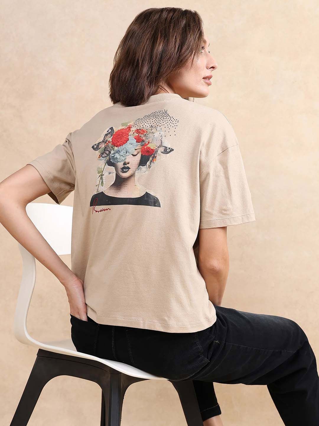 RAREISM Women Khaki Graphic Print Relaxed Fit Half Sleeve Crew Neck T-Shirt