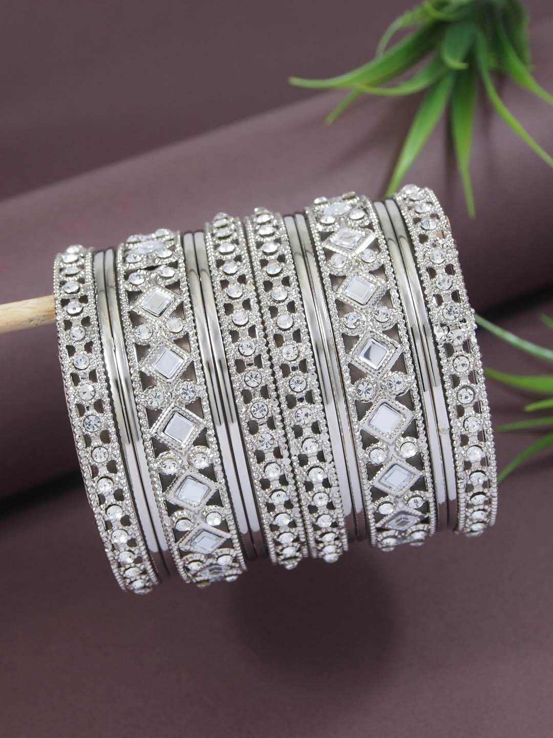 I Jewels Set Of 14 Silver-Plated Stone Studded Textured Navratri Ethnic Bangles