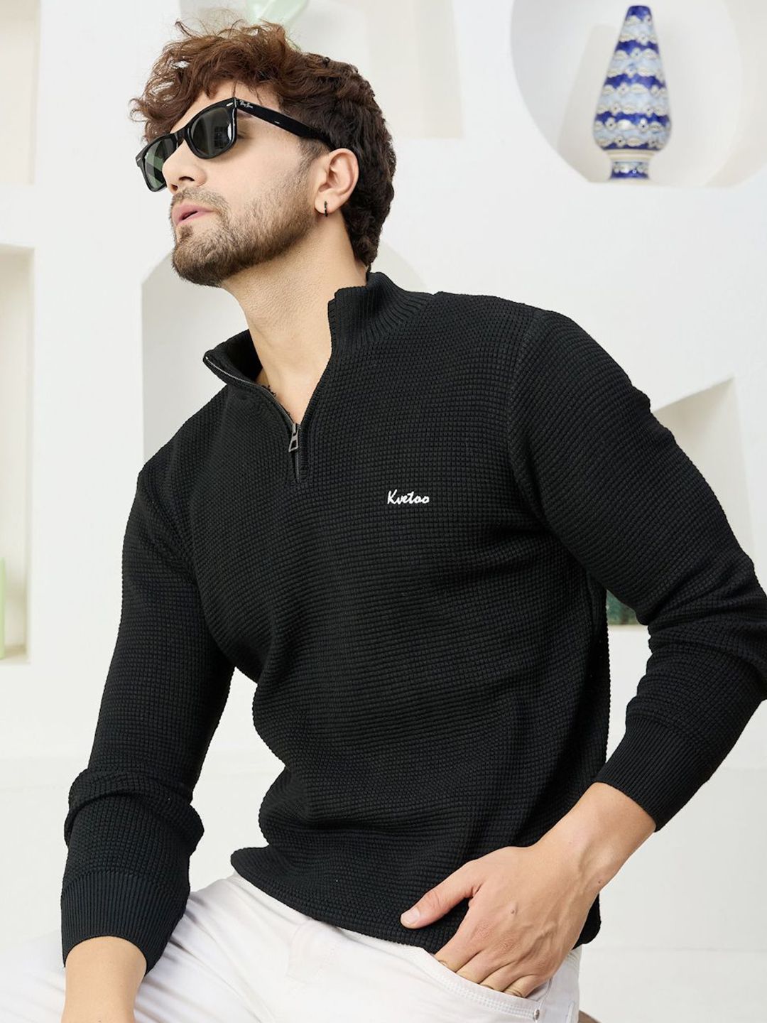 KVETOO Men Mock Collar Pullover