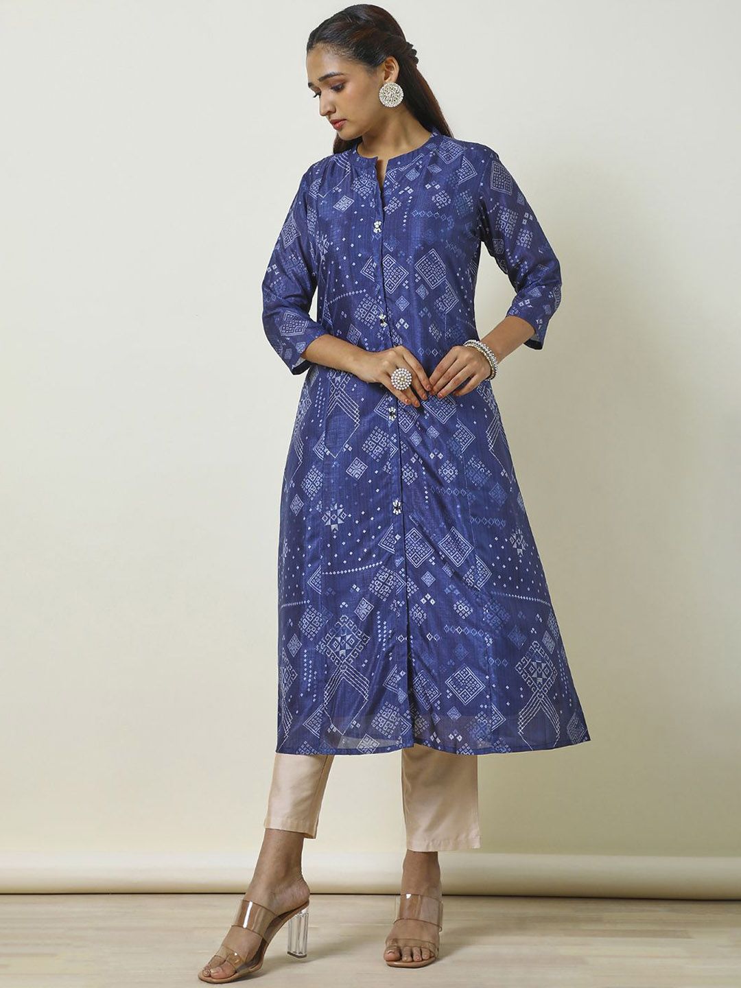 Soch Navy Blue Geometric Printed Mandarin Collar Sequinned A-Line Kurta