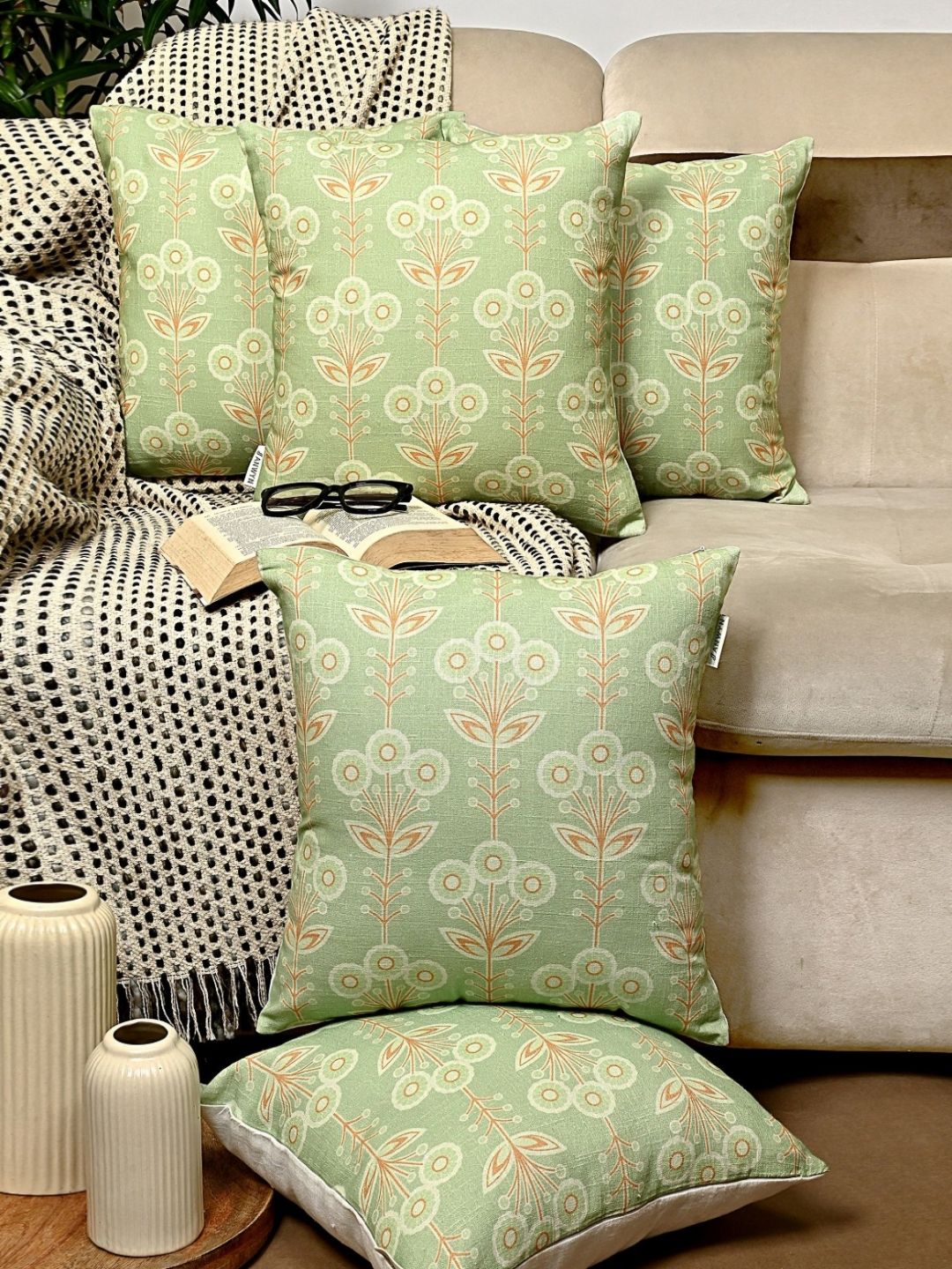 ANWYN Green & Brown 5 Pieces Ethnic Motifs Cotton Square Cushion Covers