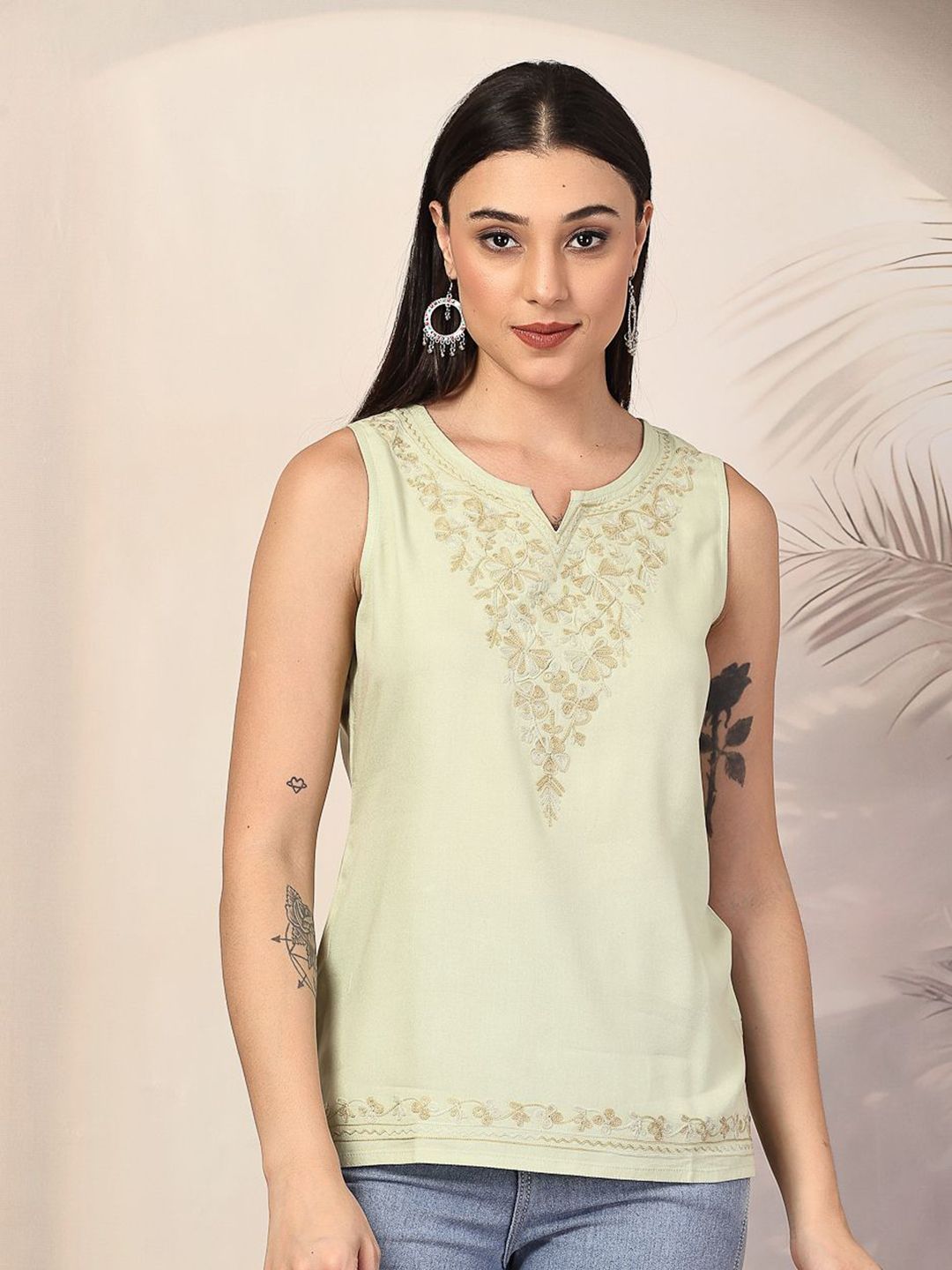 QAZMI Women Ziana Kashmiri Aari Embroidered Sleeveless Kurti