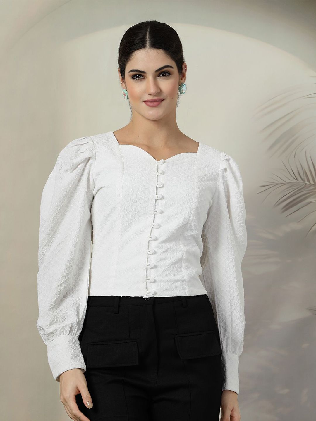 plusS Women Self Design Sweetheart Neck Top