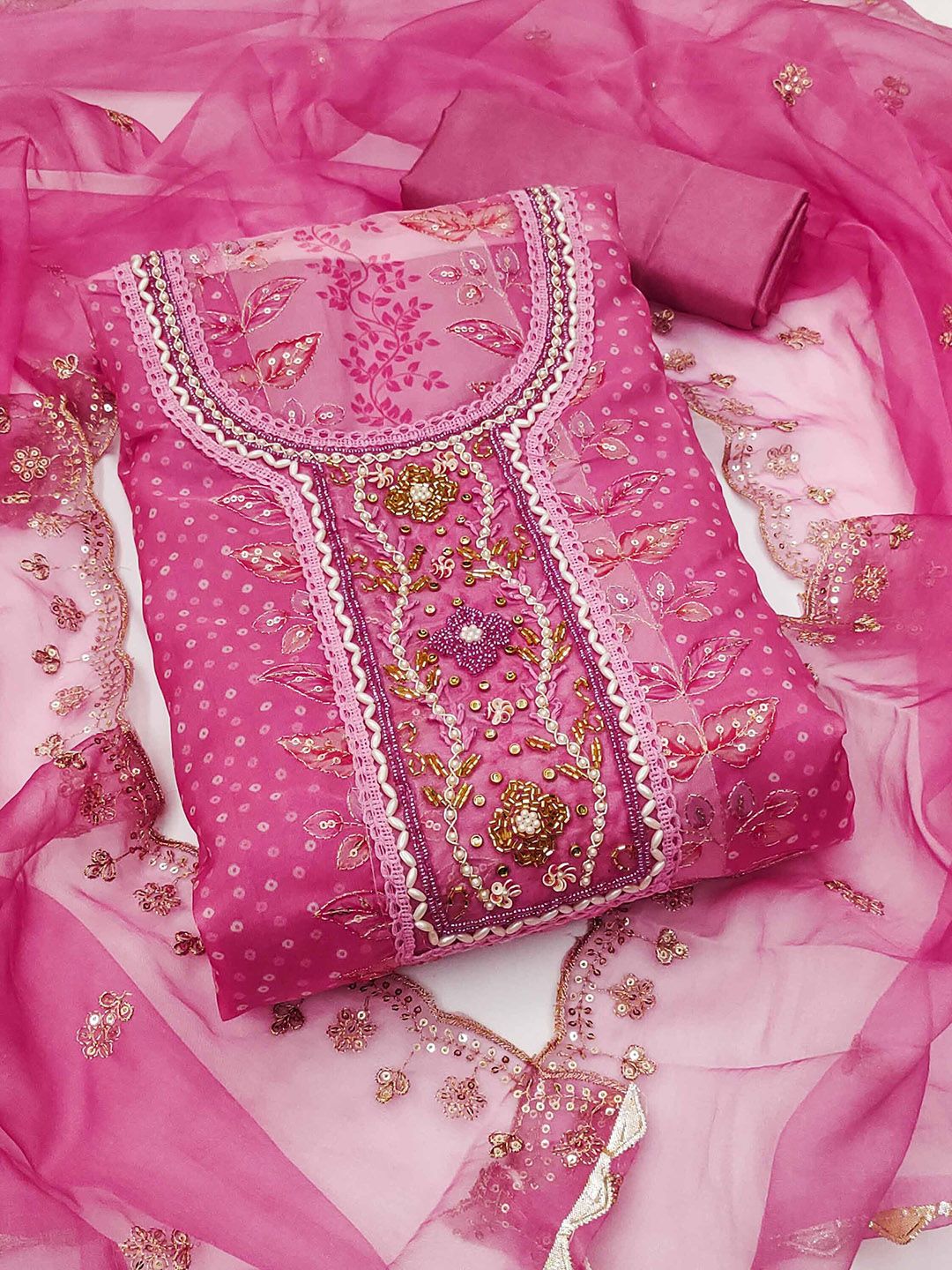 KALINI Floral Embroidered Beads and Stones Organza Semi-Stitched Dress Material