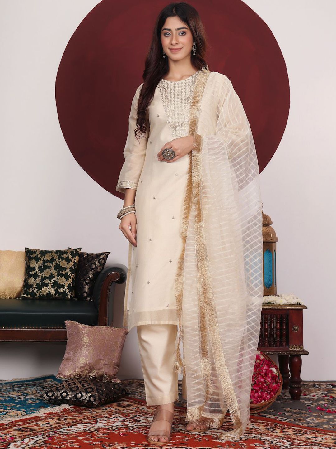 Varanga Cream-Coloured Floral Embroidered Sequined Kurta With Palazzos & Dupatta