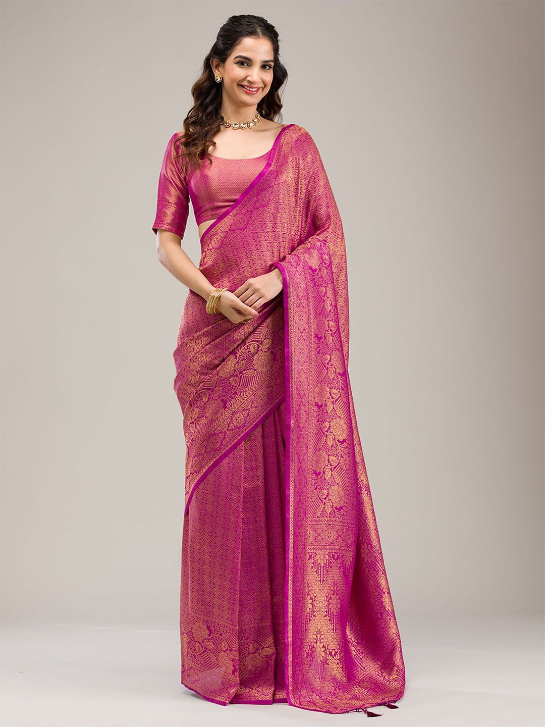 Koskii Women Zariwork Purple Silk Saree With Unstitched Blouse