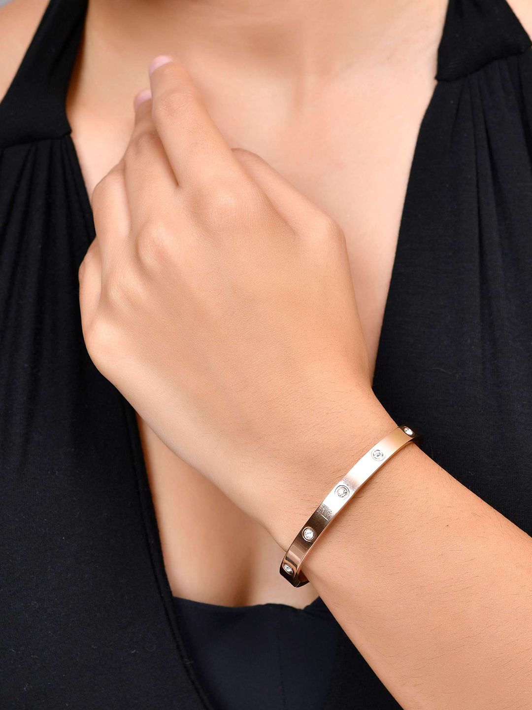 VOJ Rose Gold-Plated Stainless Steel Crystals Studded Kada Bracelet
