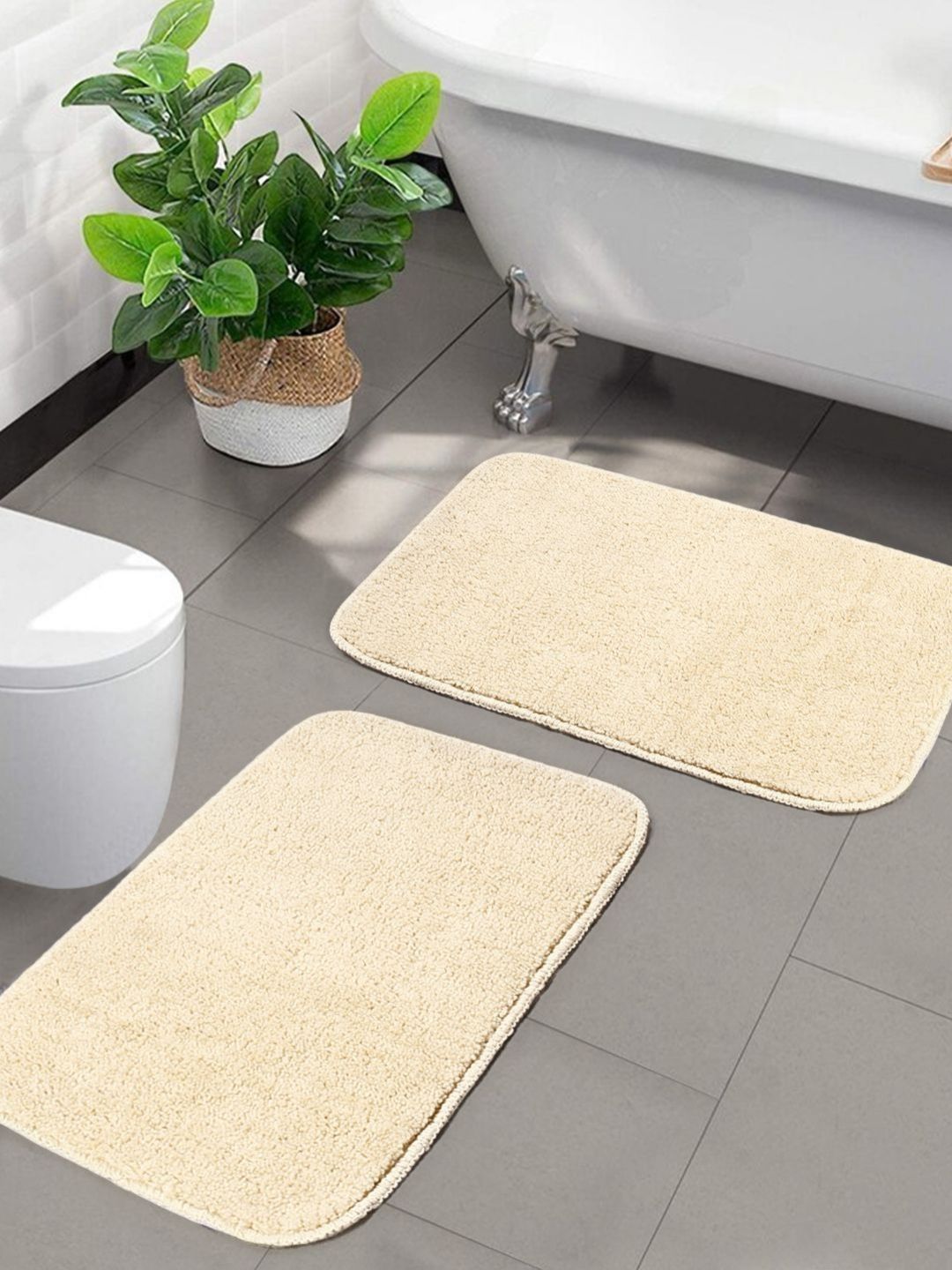 Saral Home Beige 2 Pieces Microfibre Anti Skid Bath Mats Bath Rug