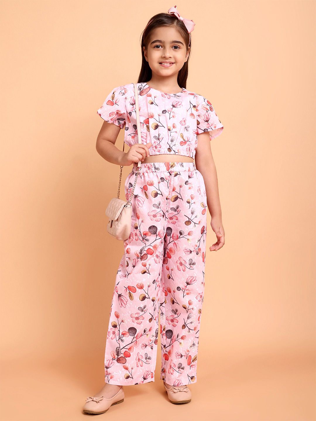 Buy HERE&NOW Girls Floral Printed Round Neck Pure Cotton Top With Palazzo -  - Apparel for Girls