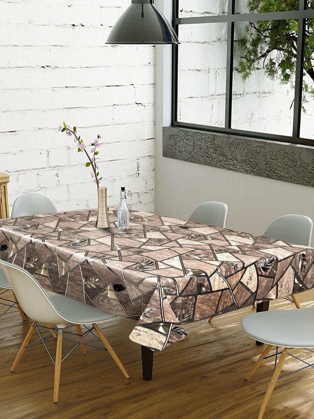 LooMantha Brown & White Floral Waterproof 6-Seater Table Cover
