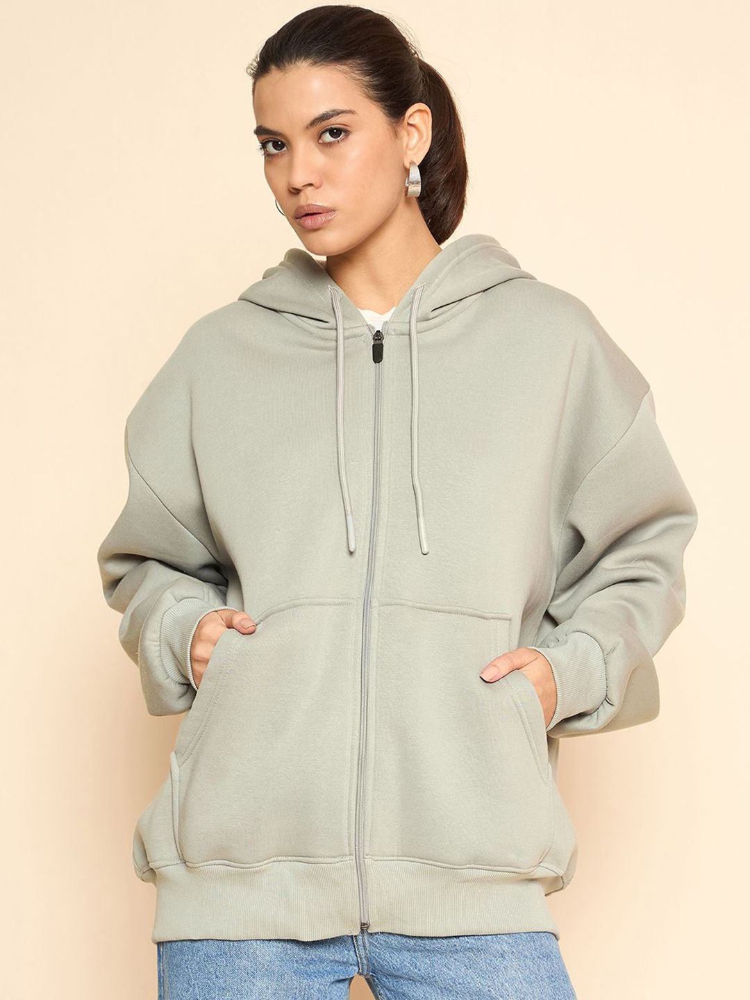 COLOR CAPITAL Women Solid Hood Cotton Ribbed Sweatshirt