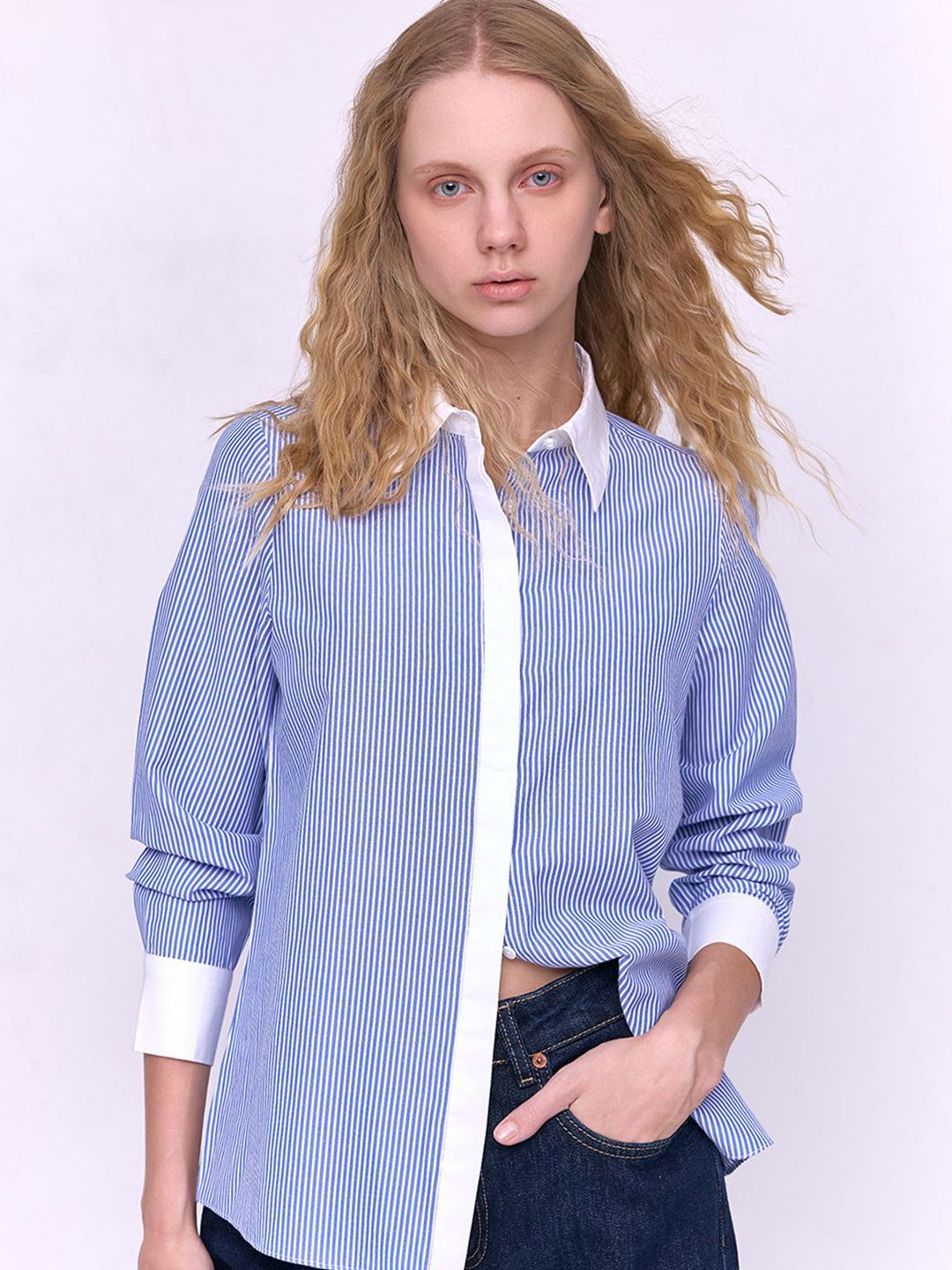 COVER STORY Women Spread Collar Vertical Striped Casual Shirt