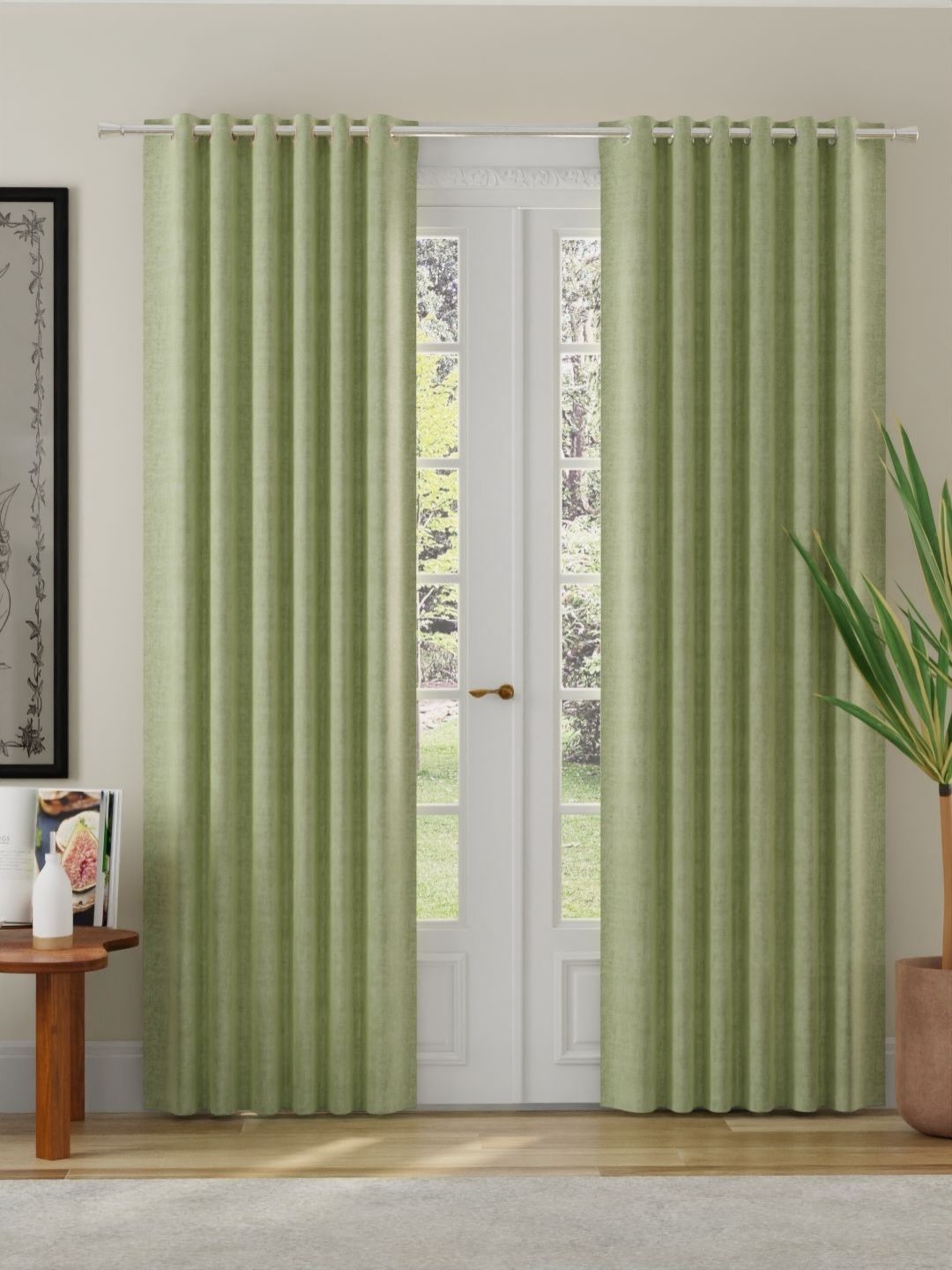 ROSARA HOME Sage Green Set of 2 Solid Jacquard Room Darkening Door Curtains