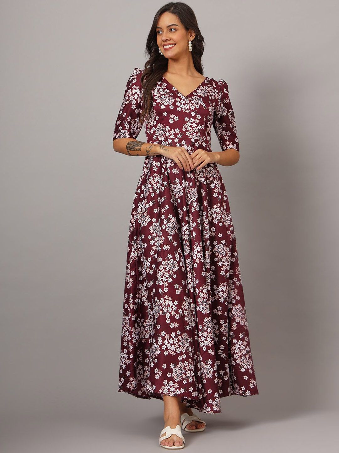 DHAKRE FASHION Floral Printed V-Neck Short Sleeves Silk Anarkali Kurta