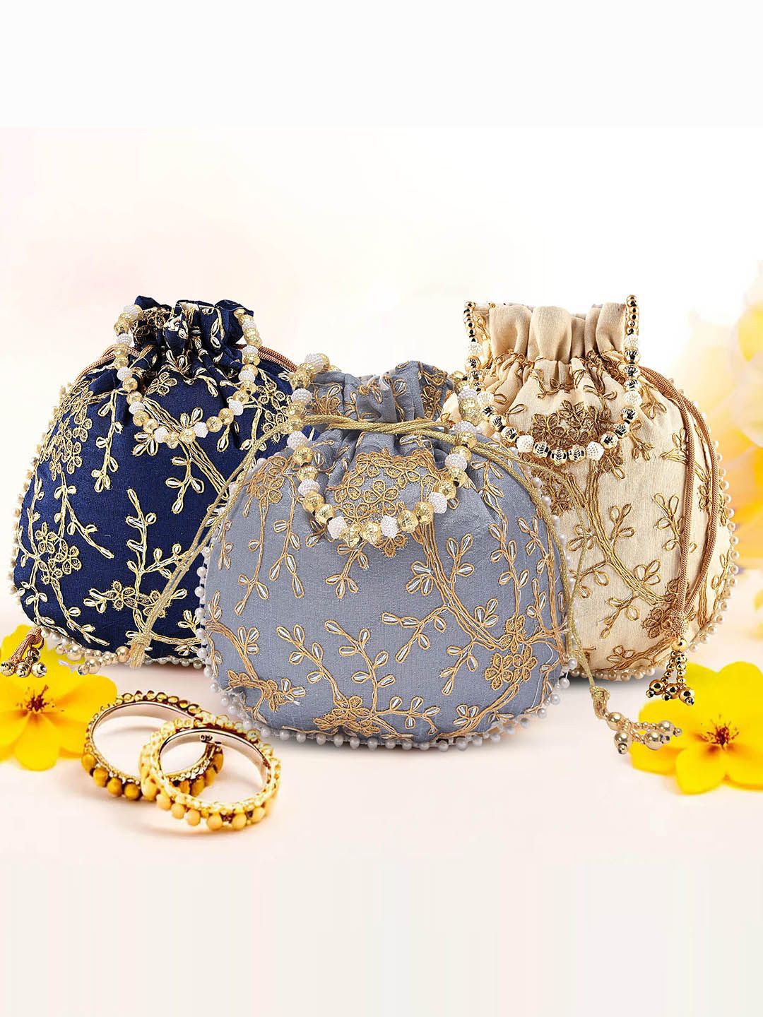 Kuber Industries Set Of 3 Embroidered Potli Clutches