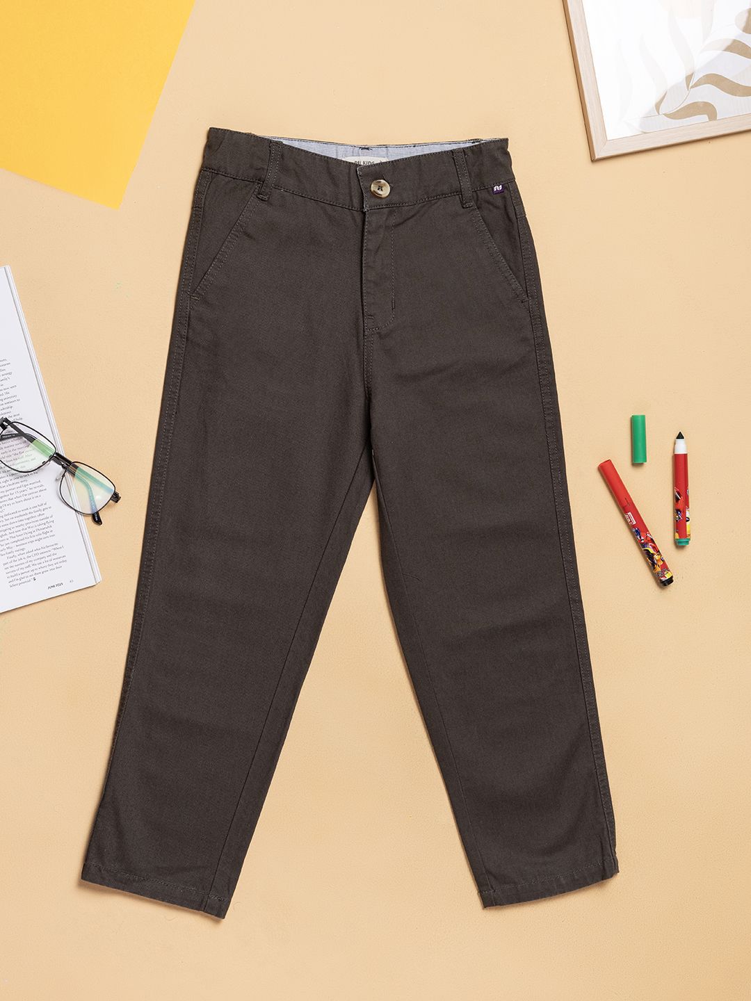 Purple United Kids Boys Charcoal Breathable Cotton Fabric Everyday Comfort Fit Trousers