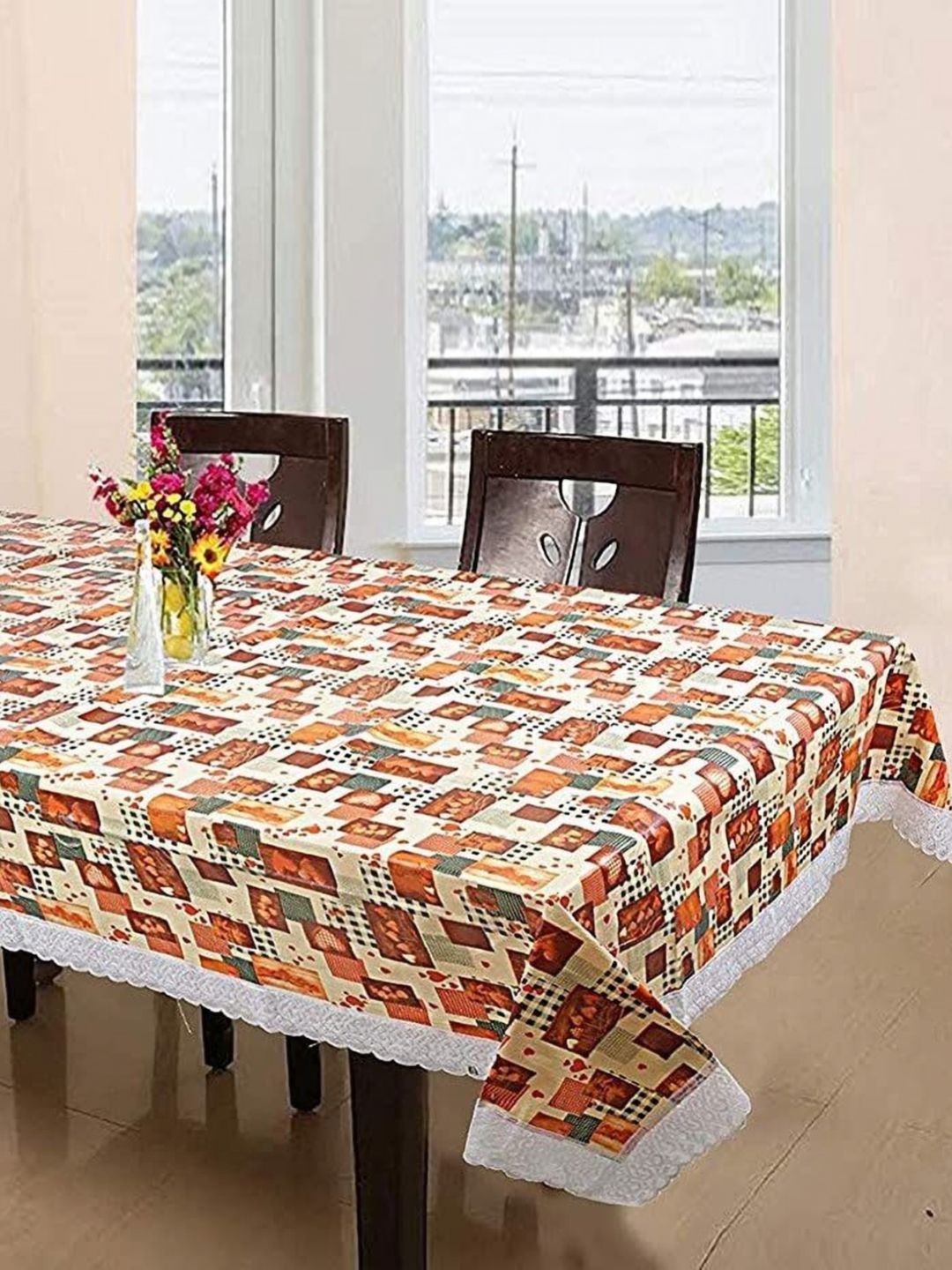 LooMantha Beige Geometric Printed Waterproof 6-Seater Table Cover