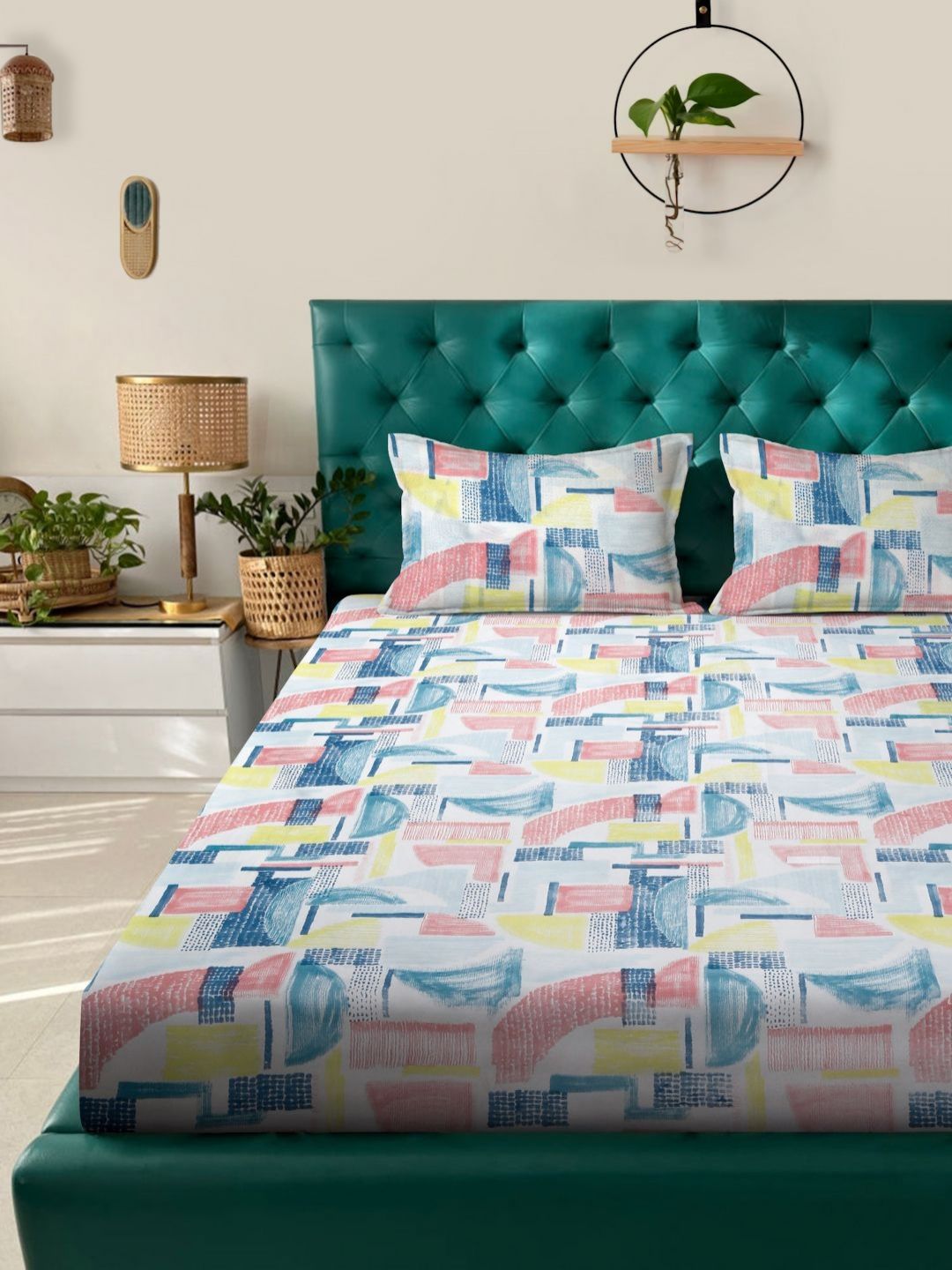 ROSARA HOME Blue Abstract Microfiber 180 TC Queen Fine Bedsheet with 2 Pillow Covers-100 x 86 inches