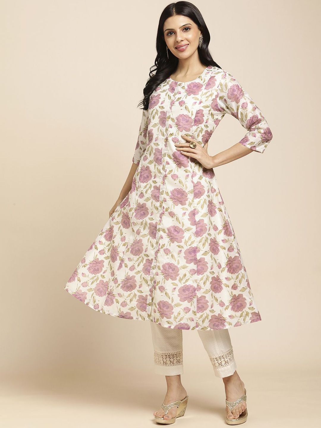 RATAN Women Ceri Silk Gold Printed Flared Kurti